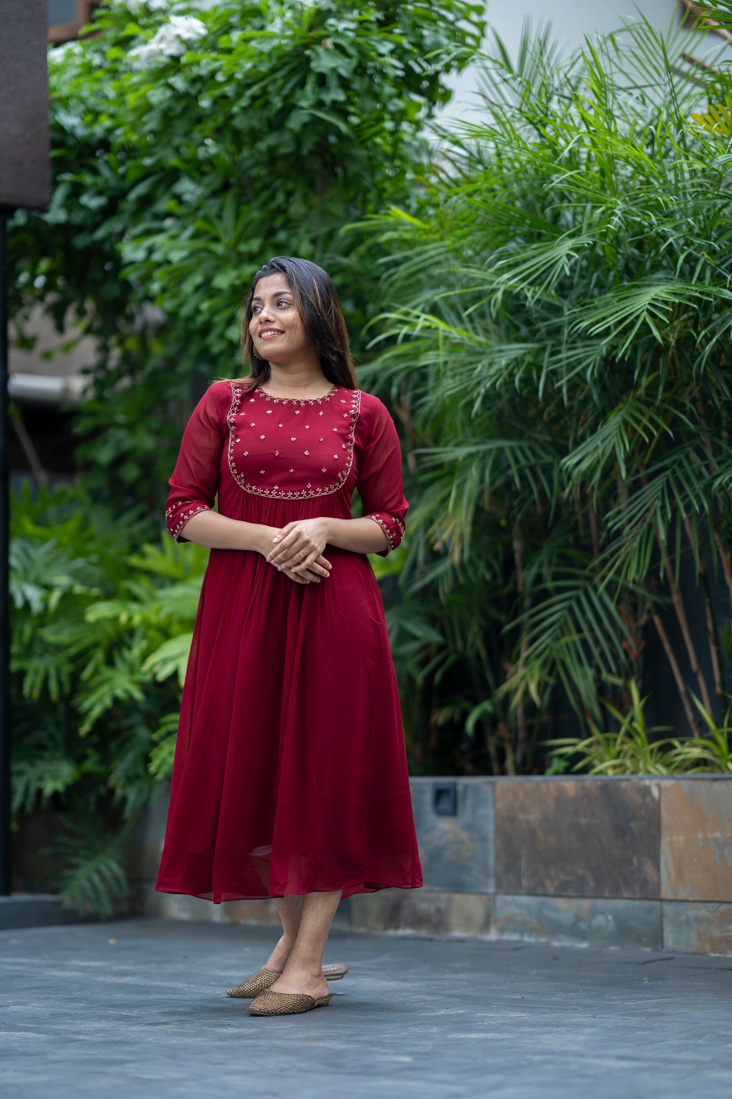 Dark maroon shaded georgette Aline kurti with handworked yoke MBS-362