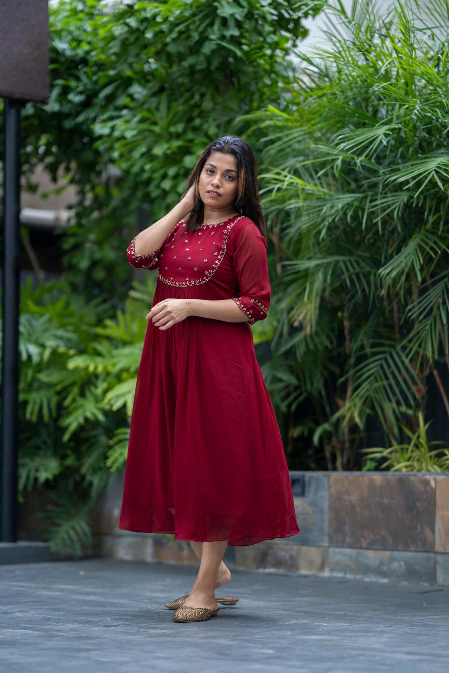 Dark maroon shaded georgette Aline kurti with handworked yoke MBS-362