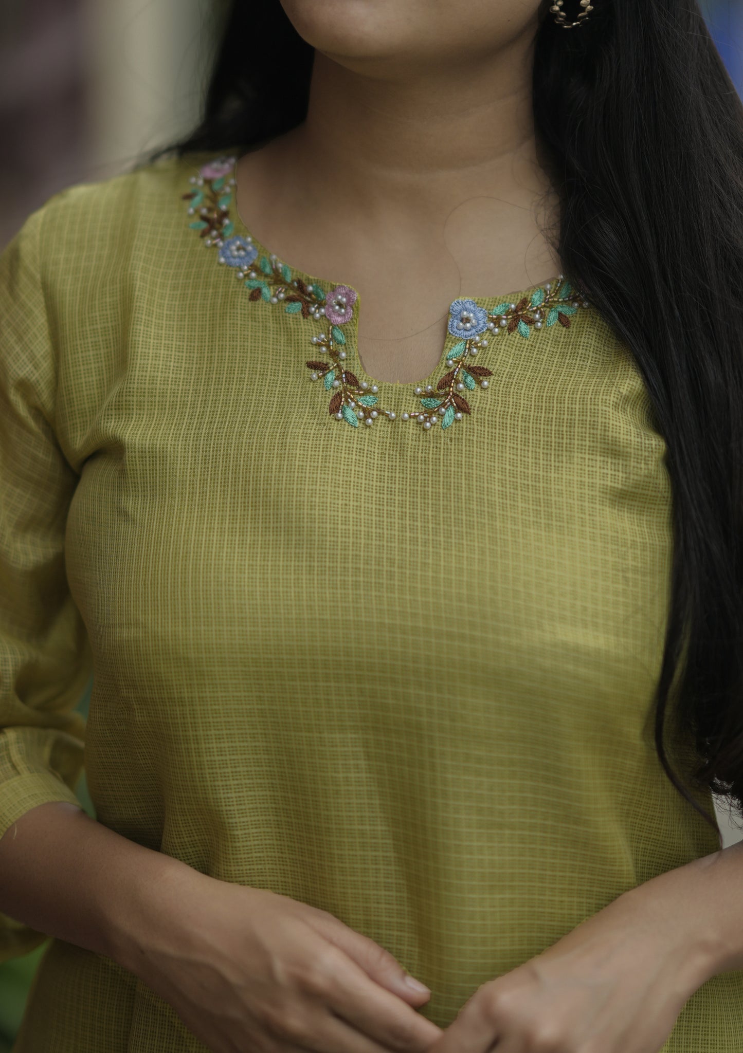 Green semi kota checks Aline kurti with handworked neckline and sleeves MBS-710