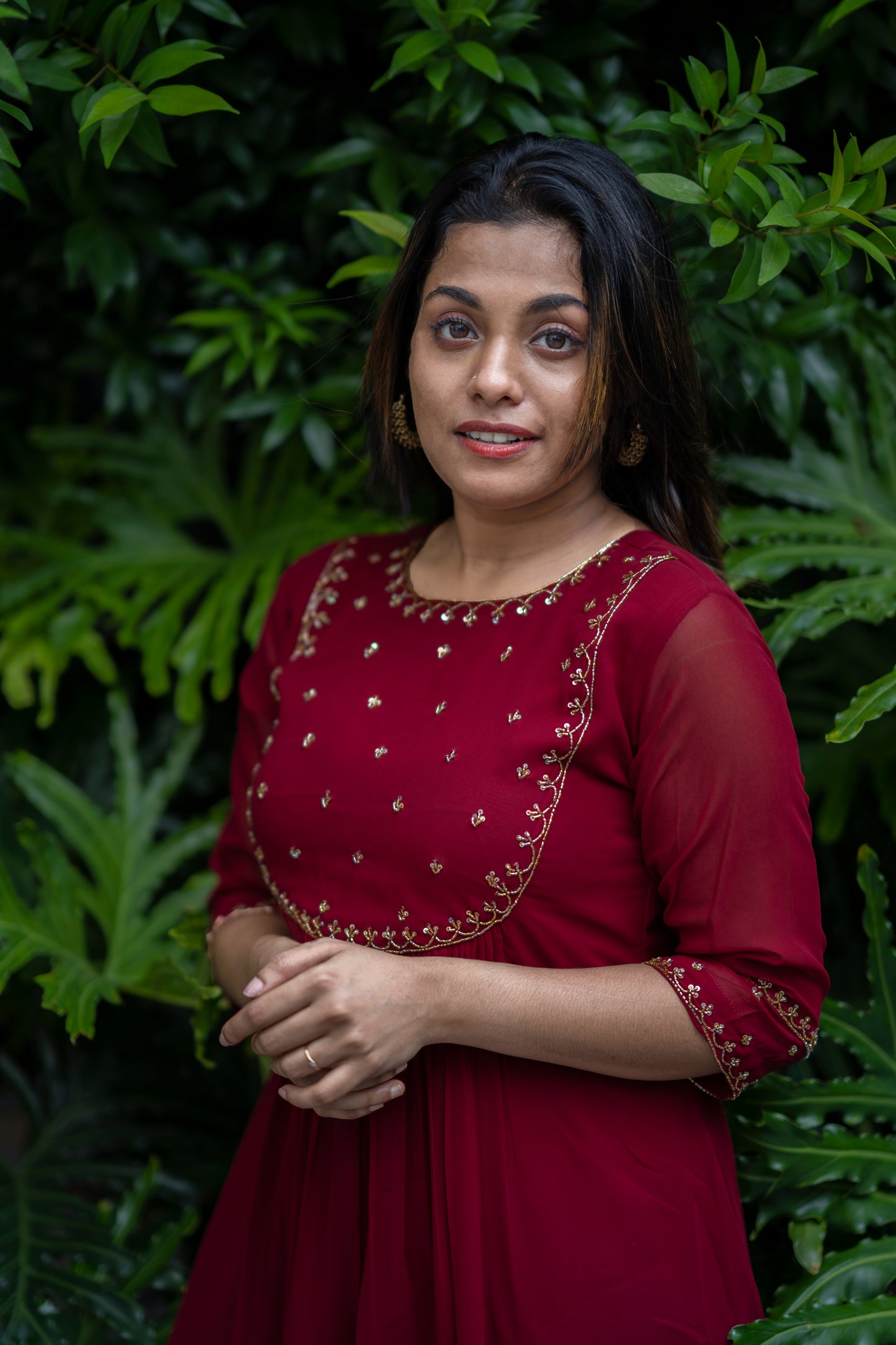 Dark maroon shaded georgette Aline kurti with handworked yoke MBS-362