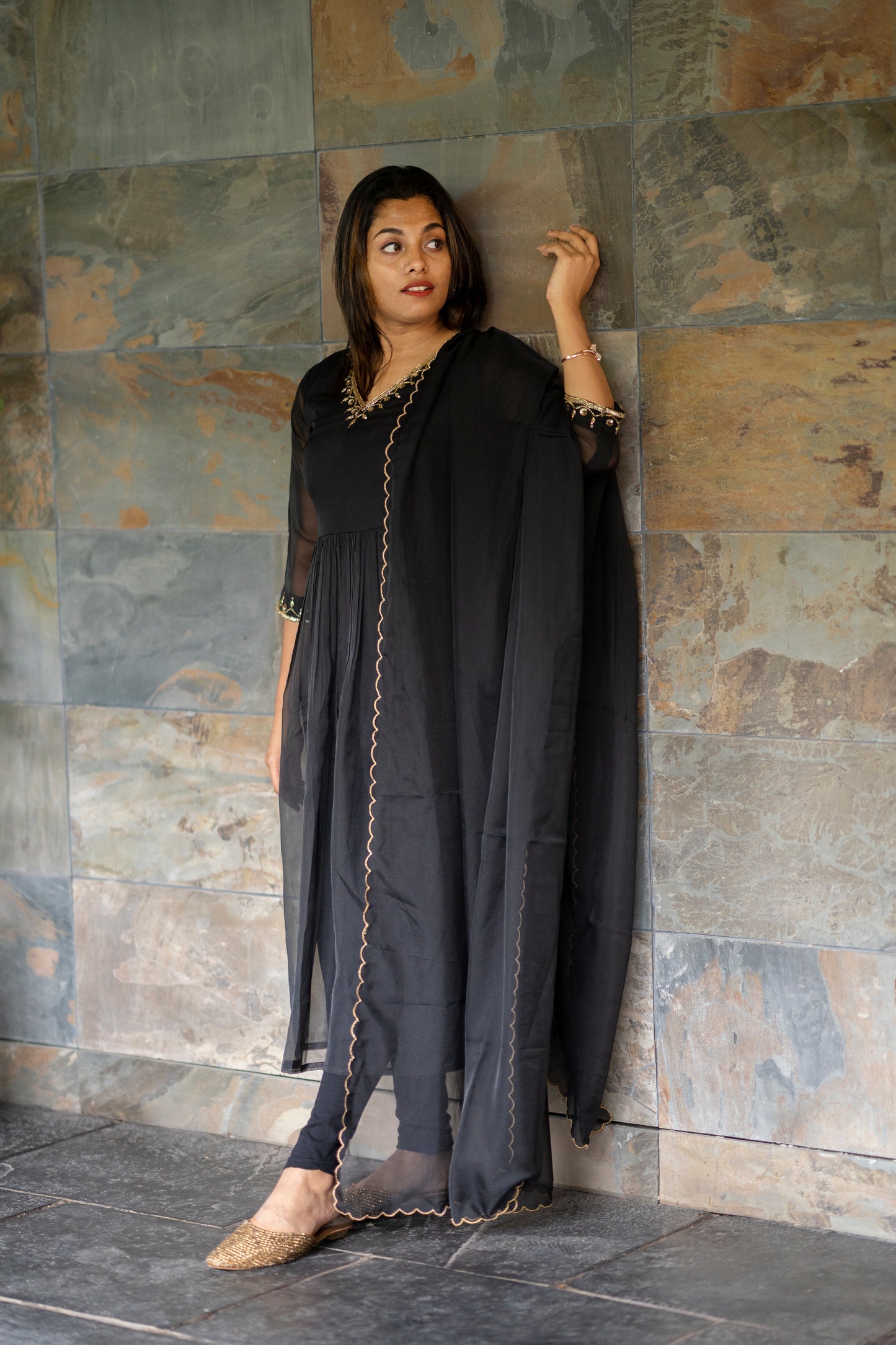 Black soft organza handworked nayra cut kurti MBS-413