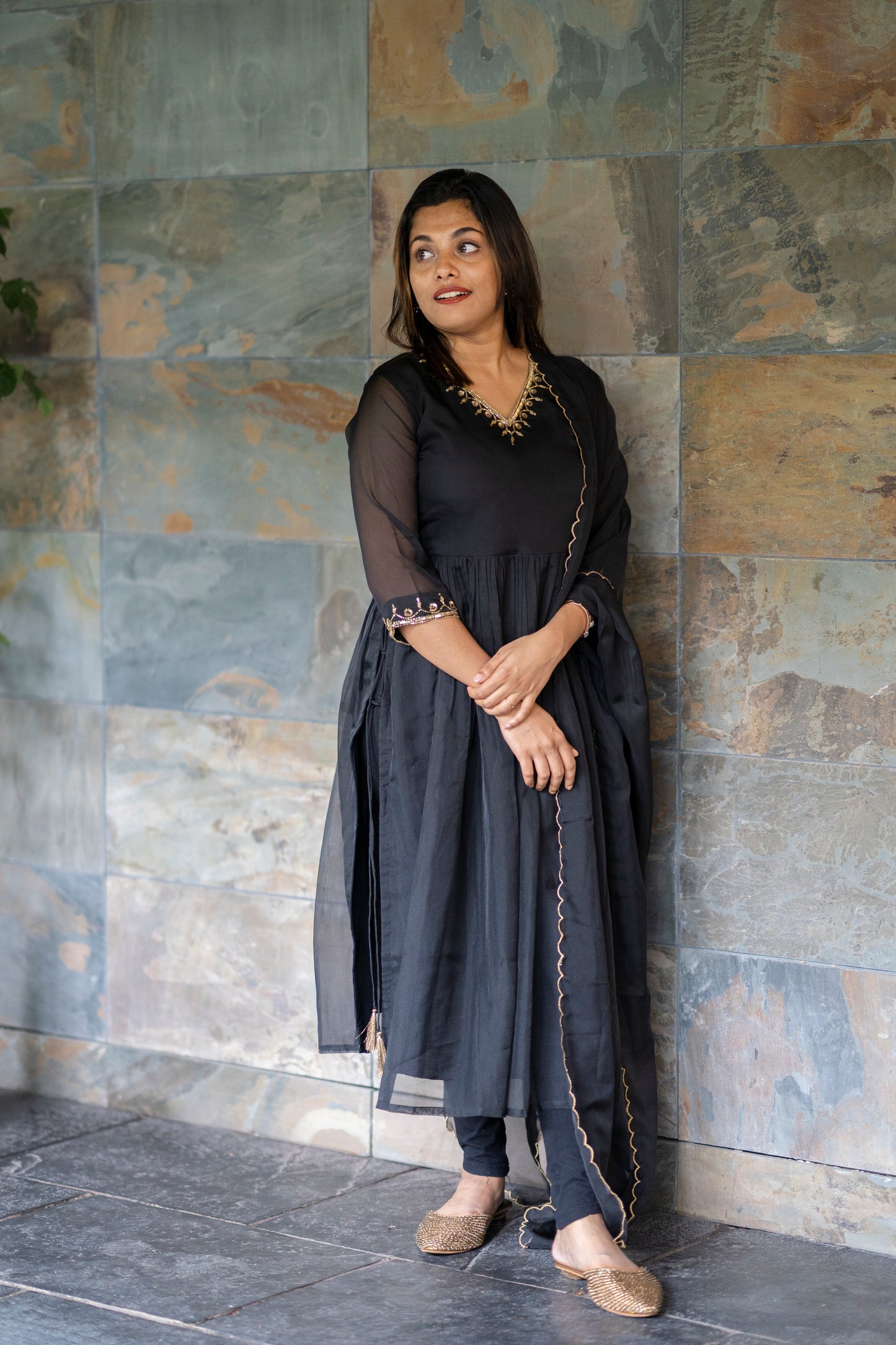 Black soft organza handworked nayra cut kurti MBS-413