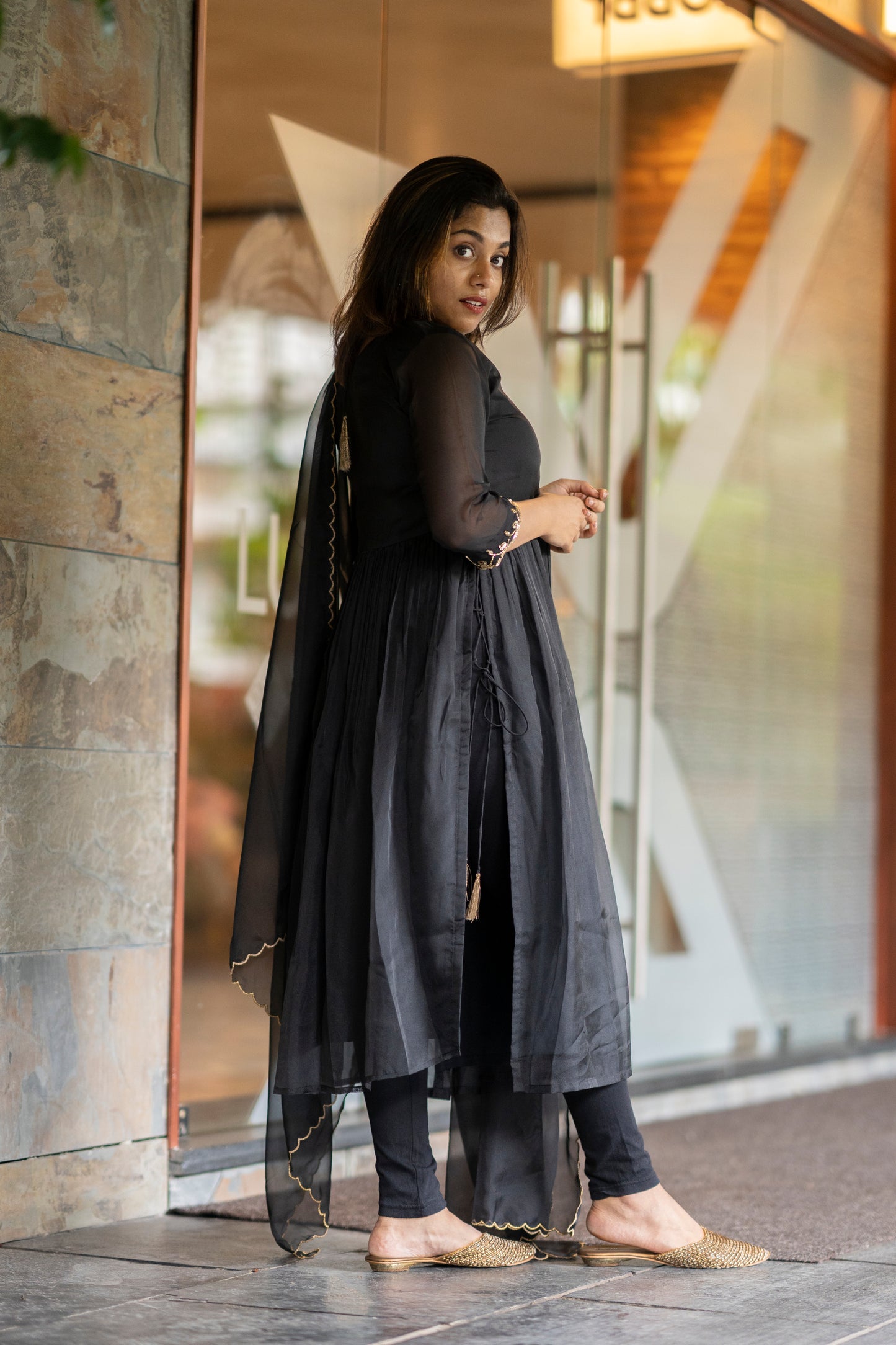 Black soft organza handworked nayra cut kurti MBS-413