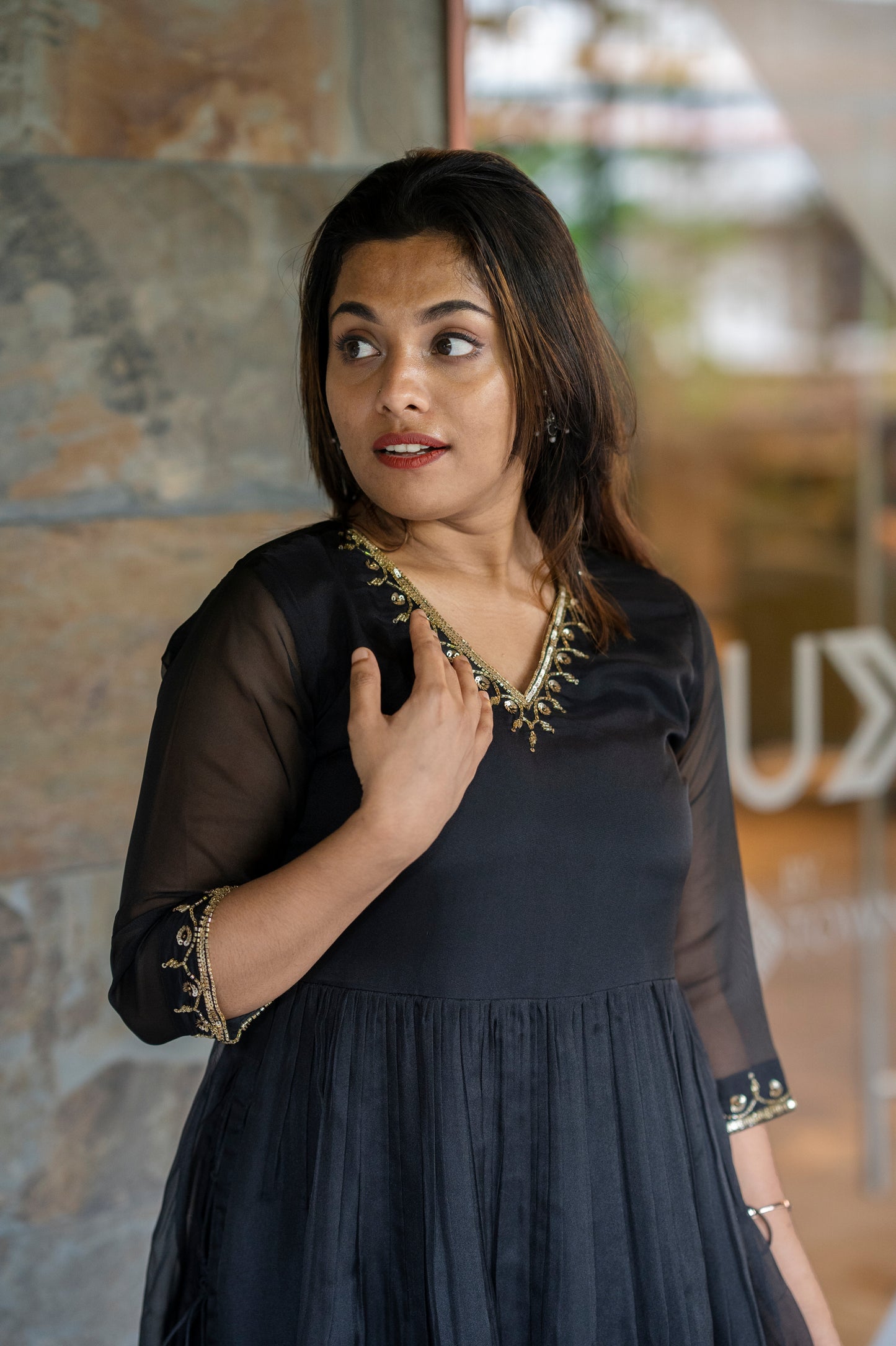 Black soft organza handworked nayra cut kurti MBS-413