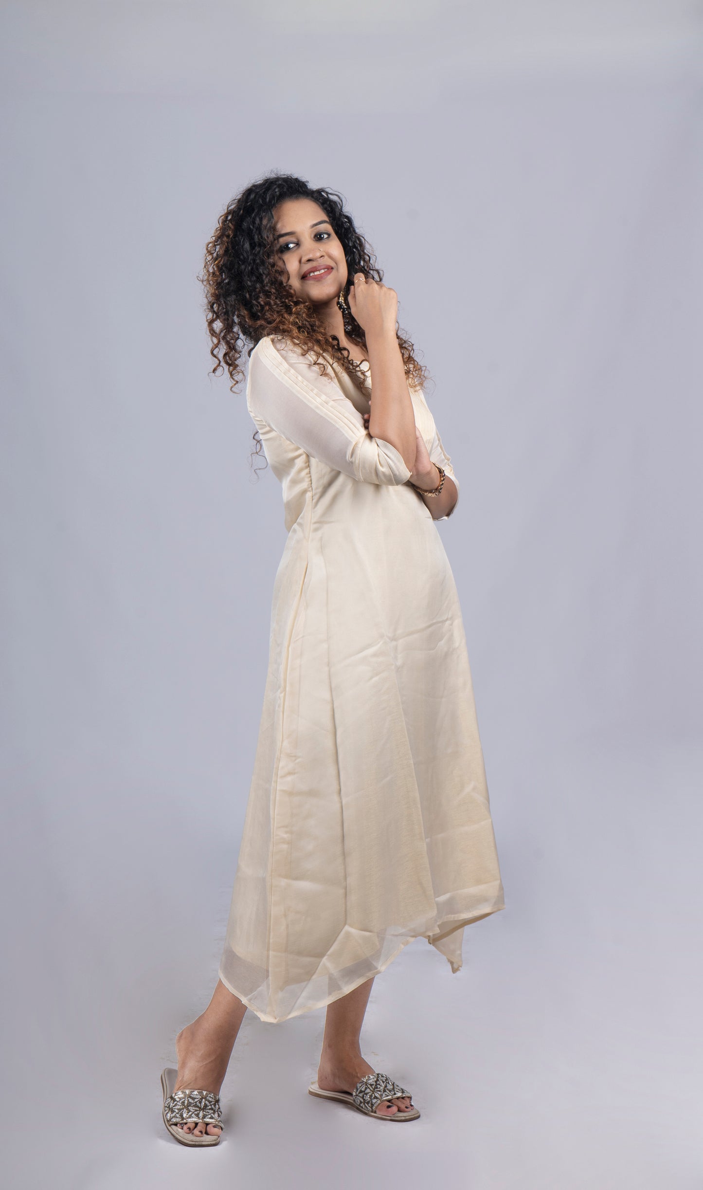 Self golden threaded Jute organza Aline kurti in cream shade MBS-R90