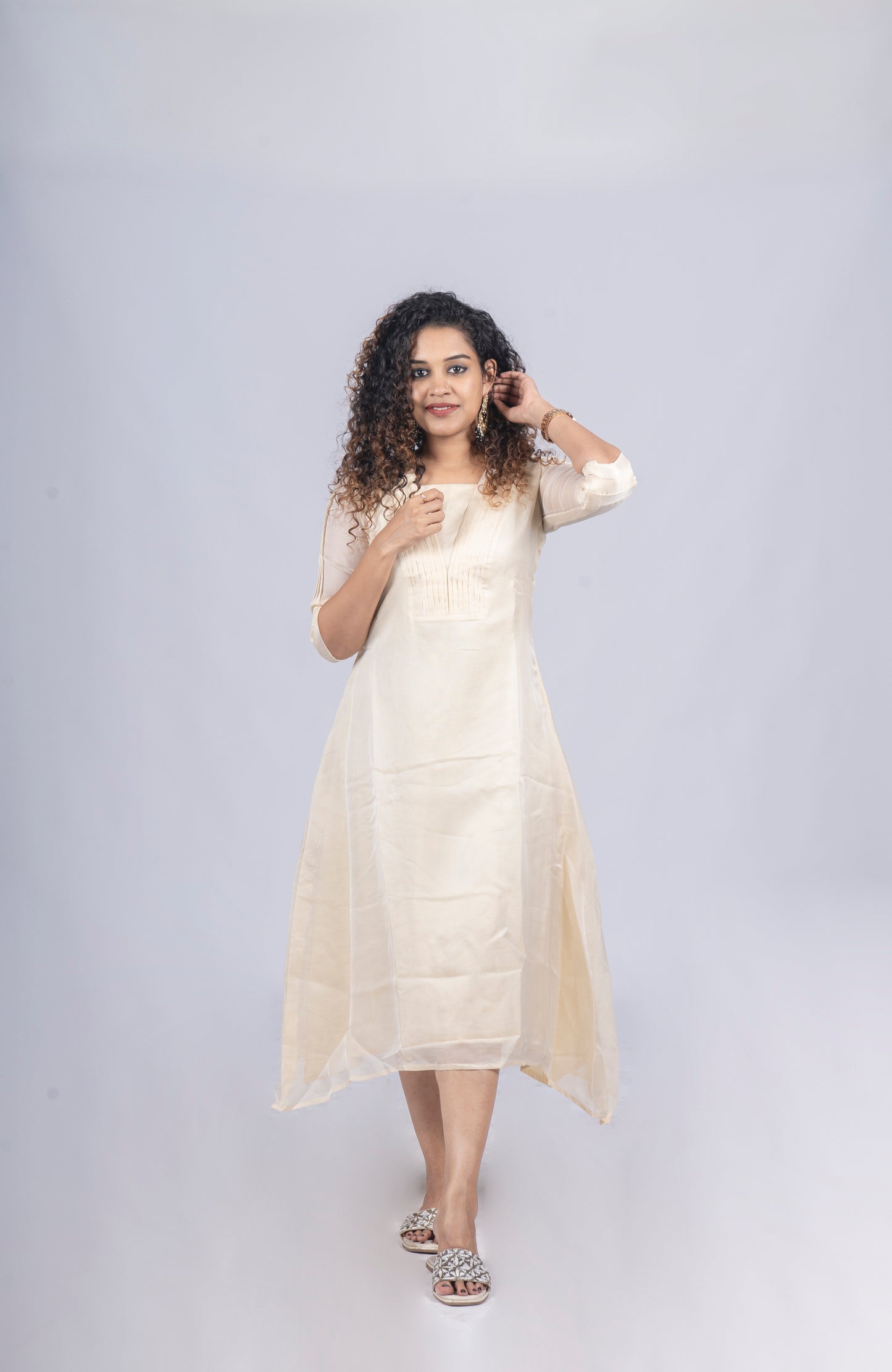 Self golden threaded Jute organza Aline kurti in cream shade MBS-R90