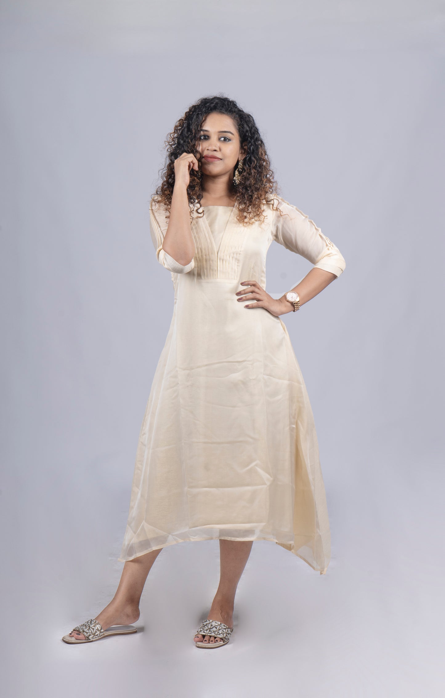 Self golden threaded Jute organza Aline kurti in cream shade MBS-R90