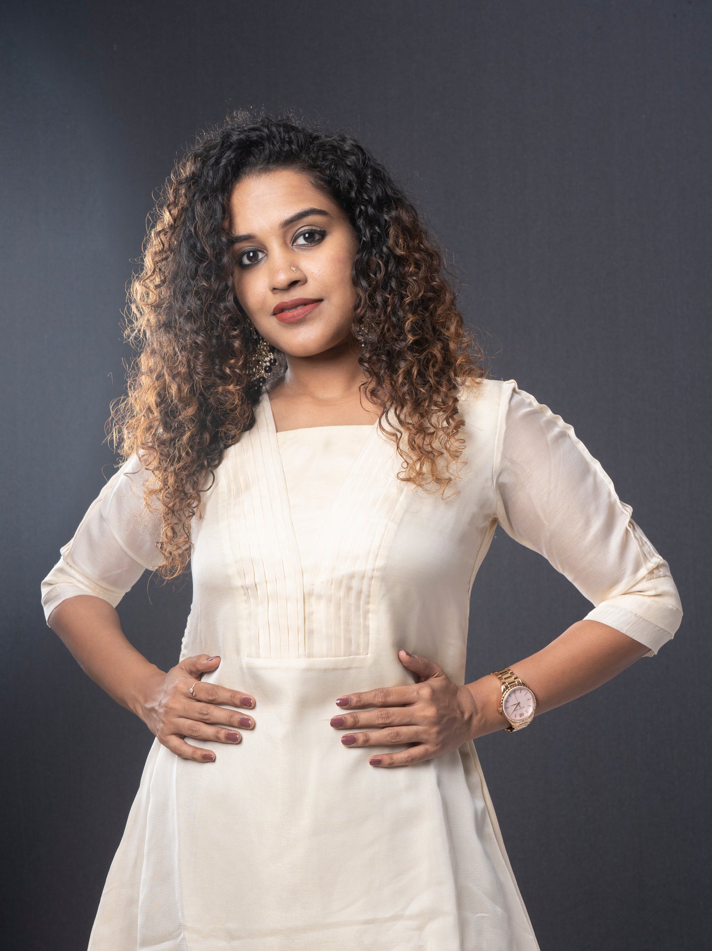 Self golden threaded Jute organza Aline kurti in cream shade MBS-R90