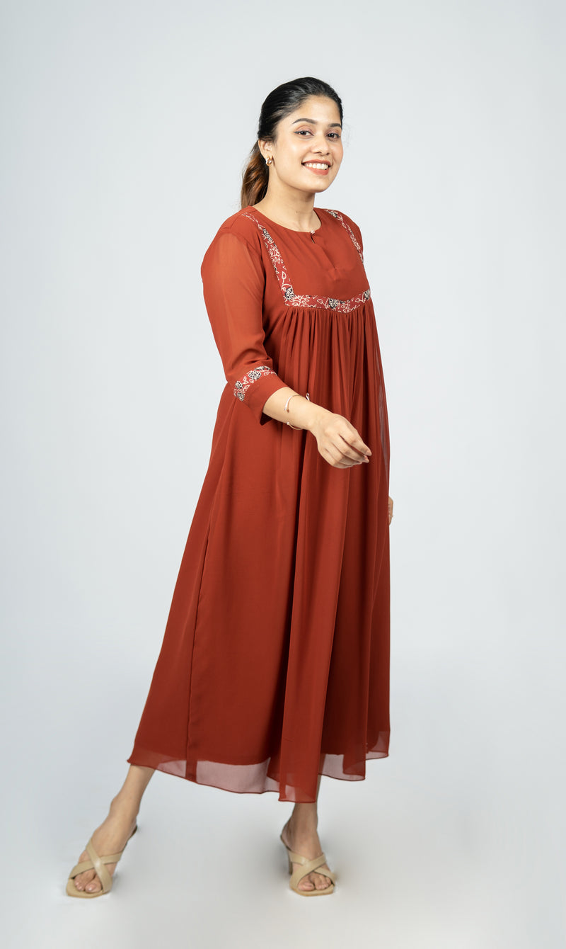 Brick red georgette Aline kurti with kalamkari patch and gathers MBS-R153