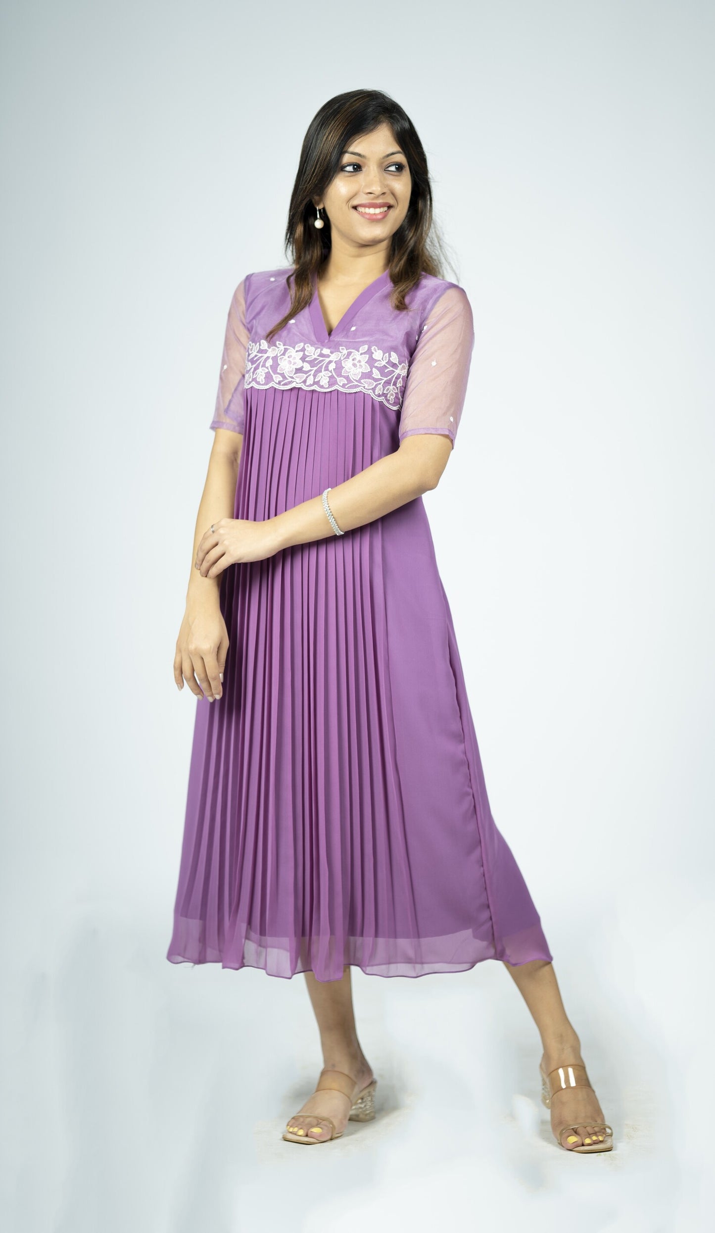 Lilac purple shaded georgette aline pleated kurti with scalloped organza yoke MBS-R169