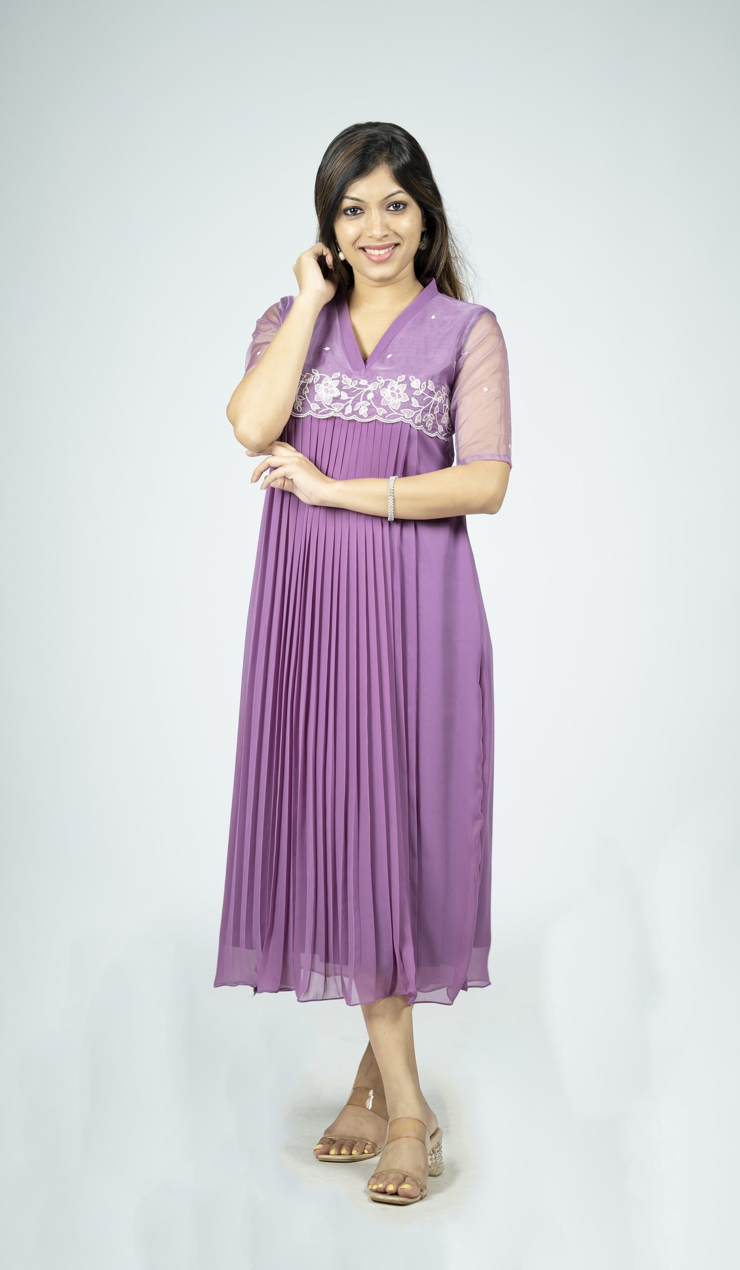 Lilac purple shaded georgette aline pleated kurti with scalloped organza yoke MBS-R169