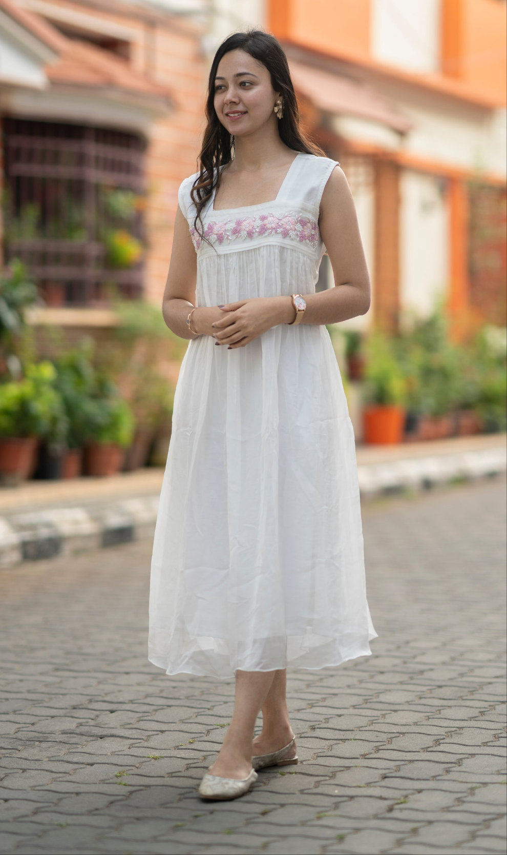 White viscose organza Aline kurti with heavy hand worked yoke MBS-578