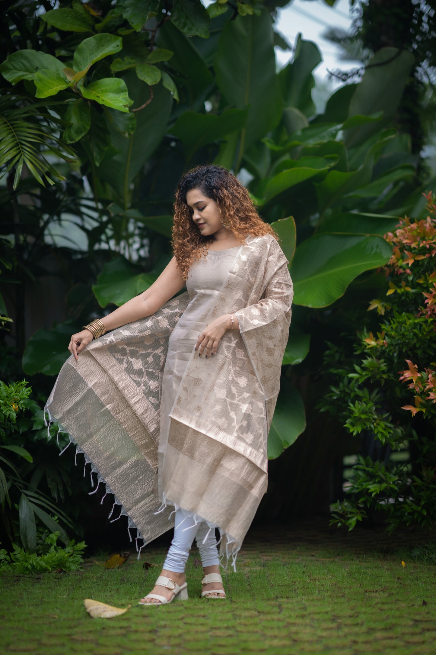 Beige shaded kurti in crushed banarasi tissue fabric paired with crushed banarasi dupatta MBS-370 **Ready to Dispatch**