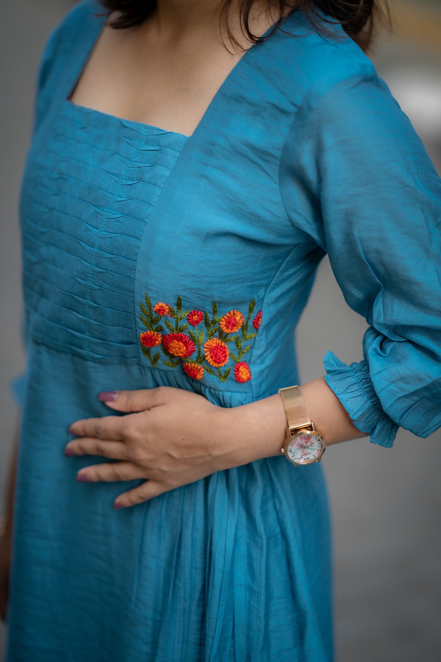 Celeste blue shaded dola silk Aline kurti with curved pleats and thread worked yoke MBS-582