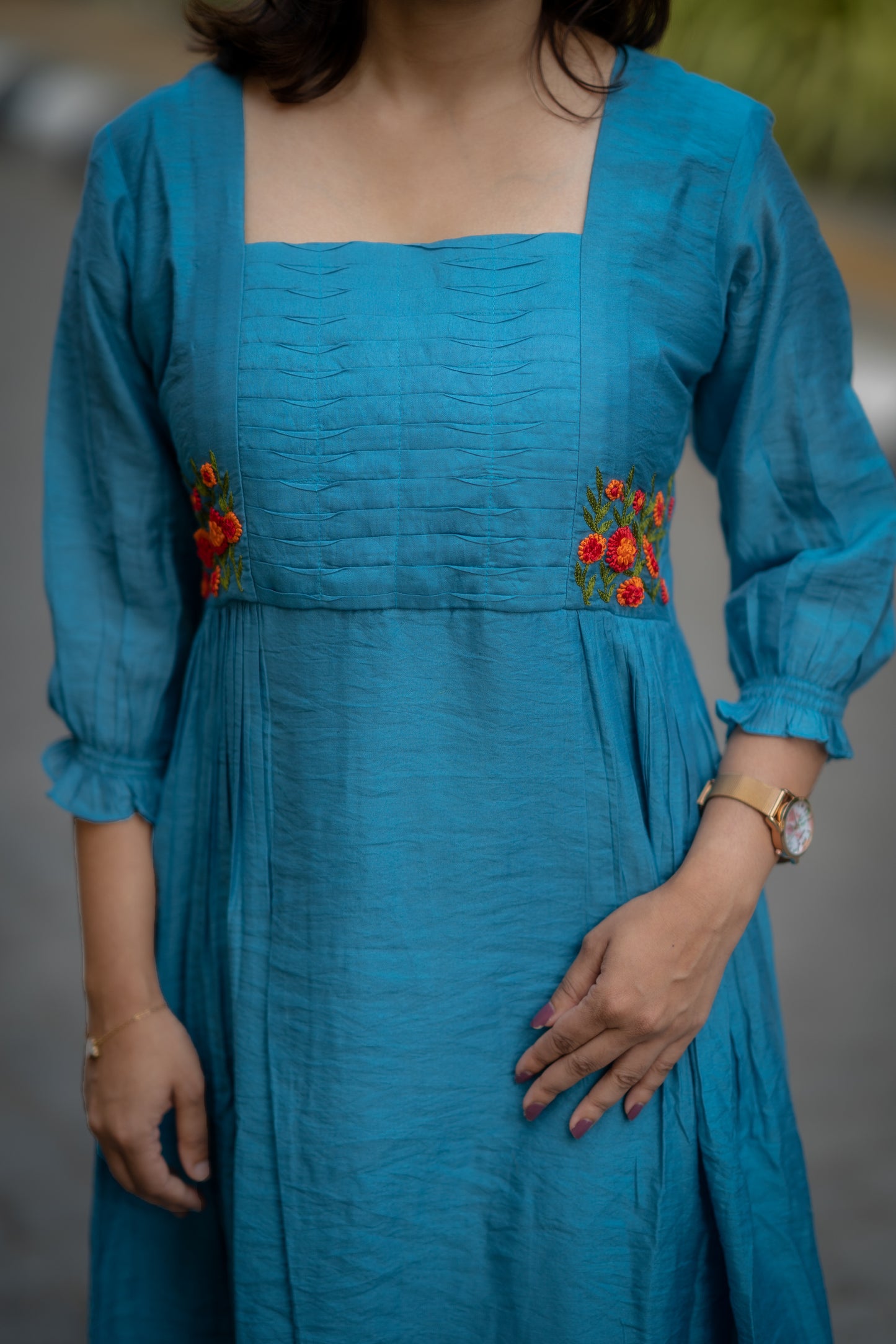 Celeste blue shaded dola silk Aline kurti with curved pleats and thread worked yoke MBS-582