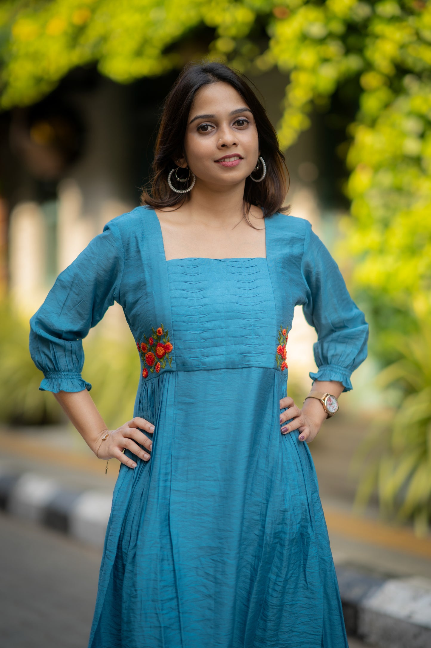 Celeste blue shaded dola silk Aline kurti with curved pleats and thread worked yoke MBS-582