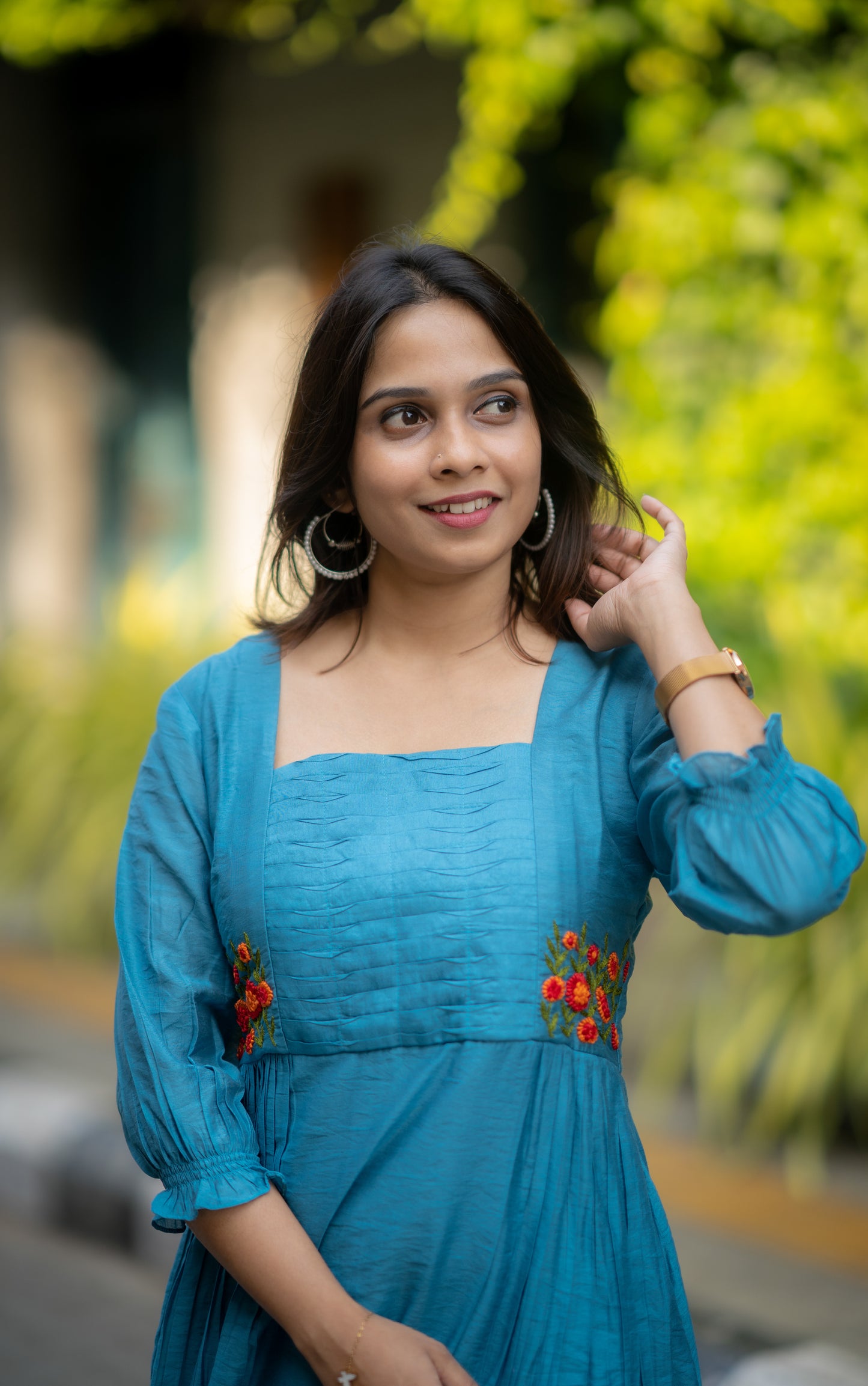 Celeste blue shaded dola silk Aline kurti with curved pleats and thread worked yoke MBS-582