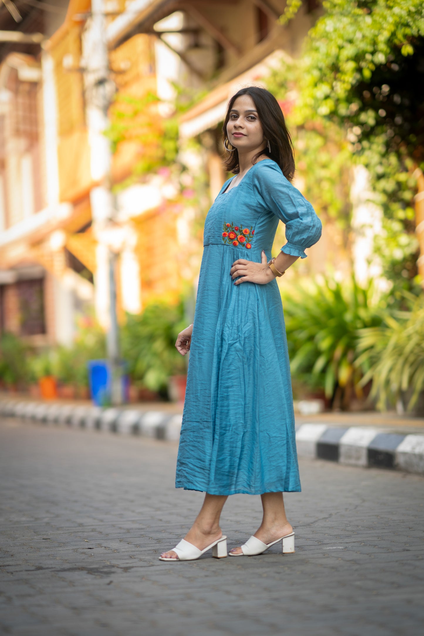 Celeste blue shaded dola silk Aline kurti with curved pleats and thread worked yoke MBS-582