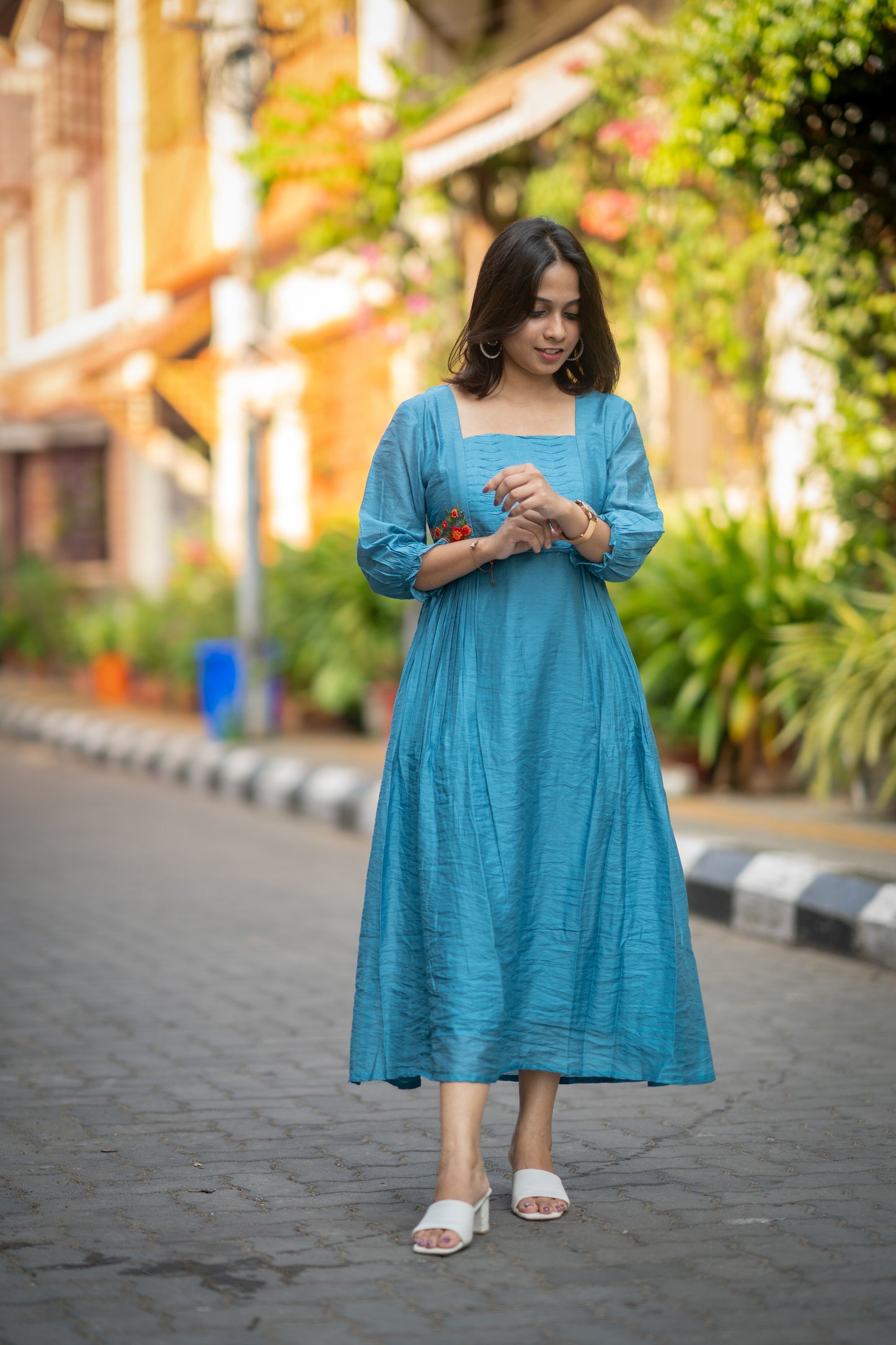 Celeste blue shaded dola silk Aline kurti with curved pleats and thread worked yoke MBS-582