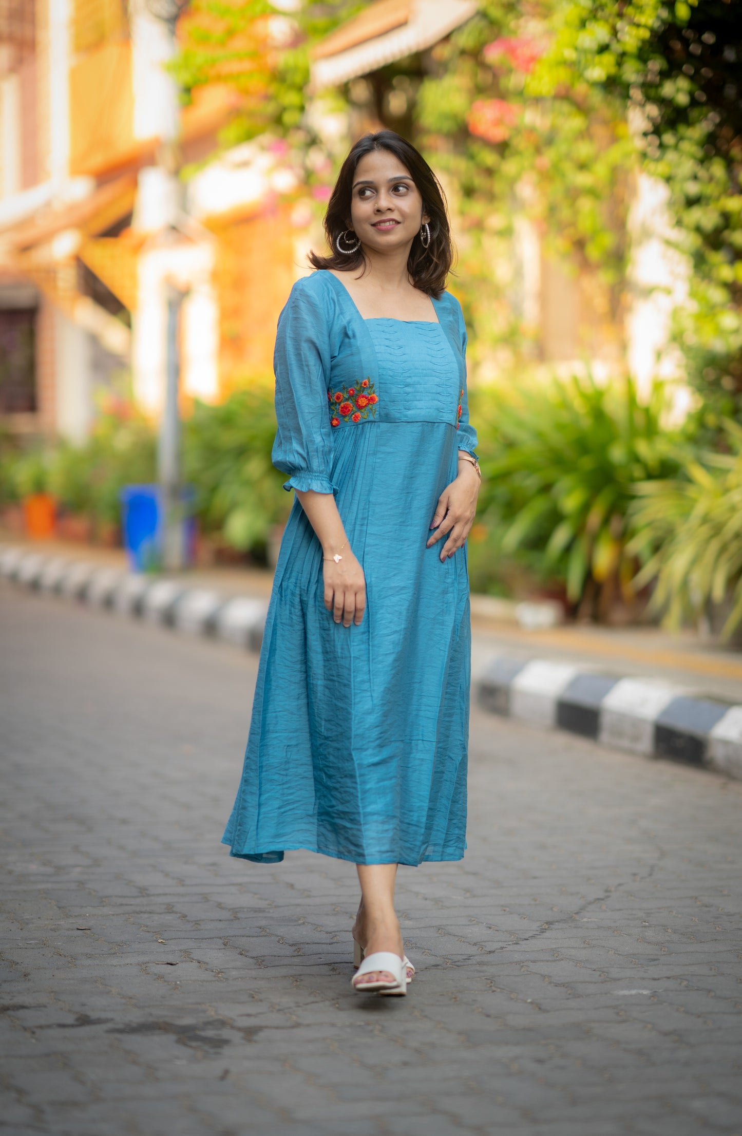Celeste blue shaded dola silk Aline kurti with curved pleats and thread worked yoke MBS-582