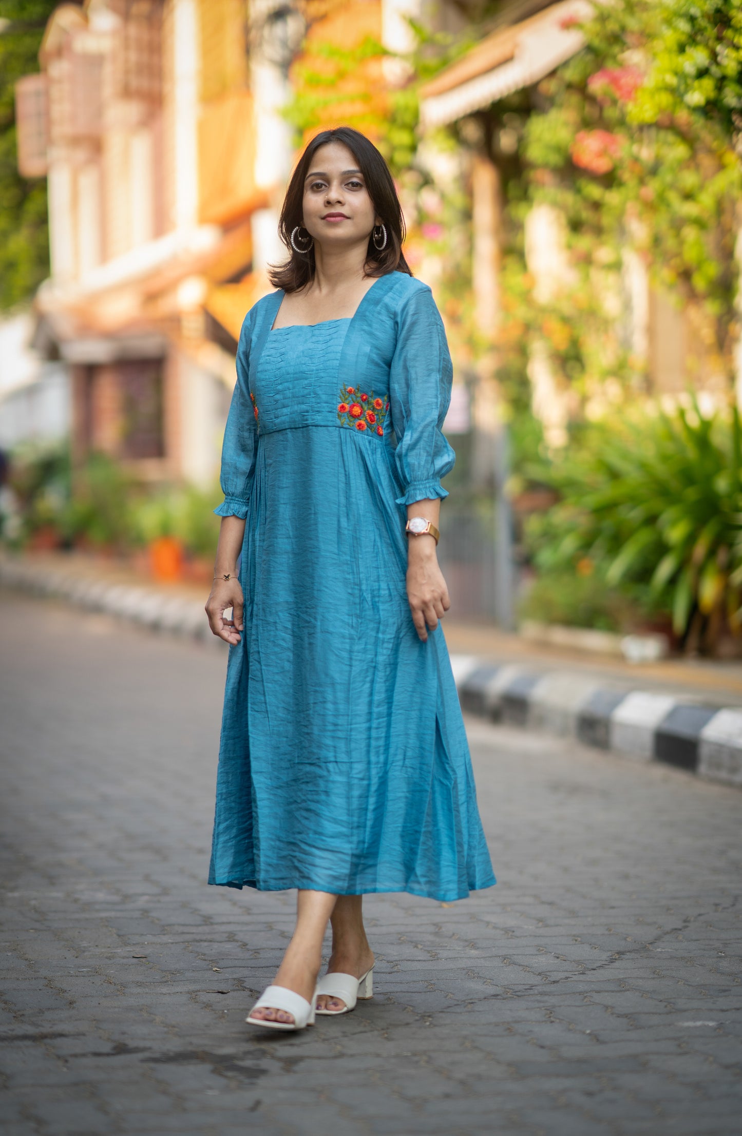 Celeste blue shaded dola silk Aline kurti with curved pleats and thread worked yoke MBS-582
