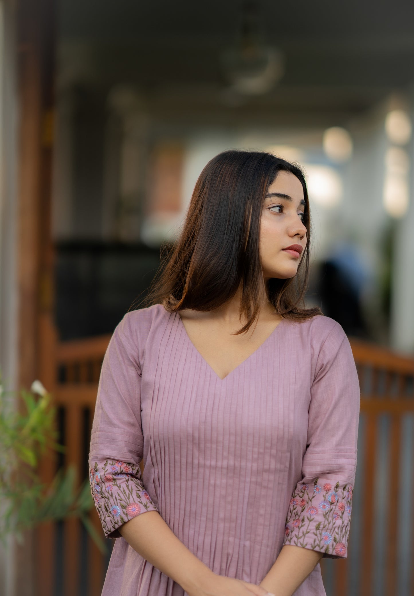 Mauve shaded cotton slub lining kurti with pleated yoke and embroidered sleeves MBS-455