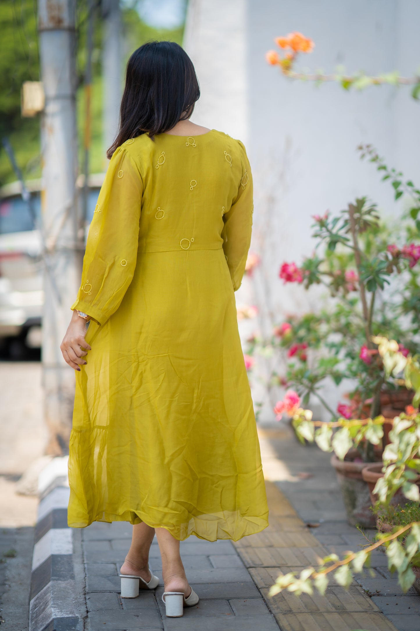 Sheen green shaded viscous organza A-line dress/kurti with thread embroidered and handworked yoke and sleeve MBS-589