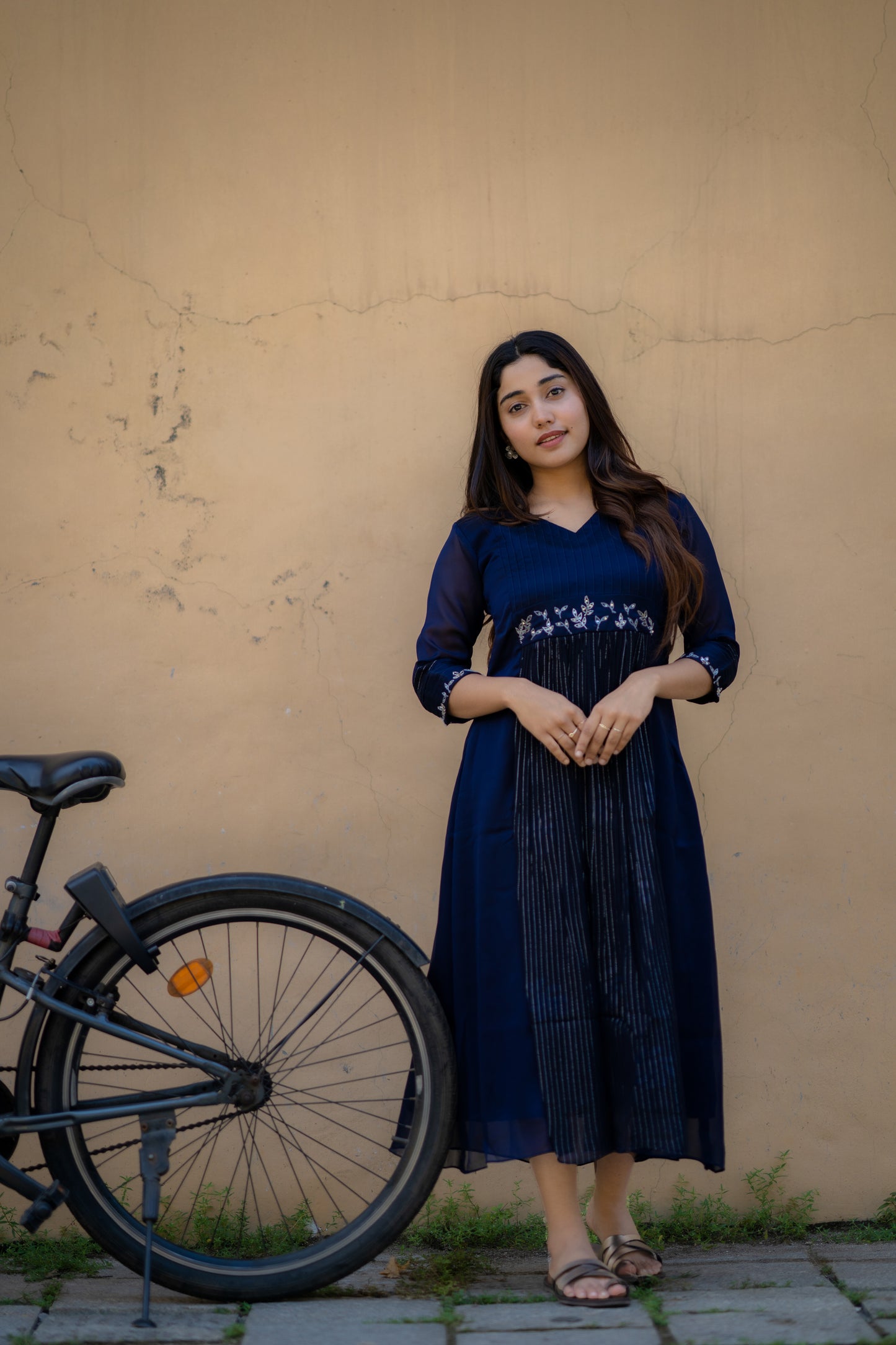 Navy blue blooming georgette Aline kurti with lurex lined panel and handwork MBS-460