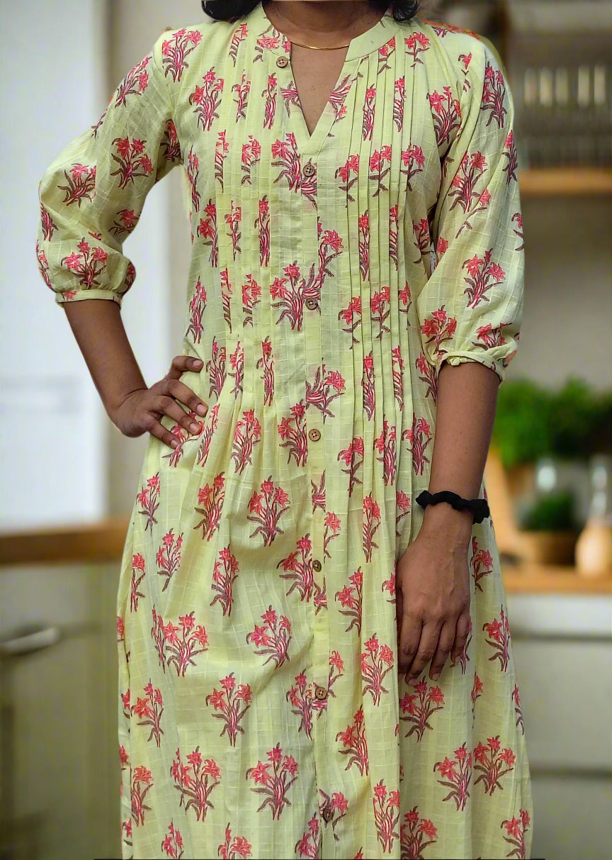 Yellow shaded floral printed cotton lining kurti with pleated yoke MBS-555 ***Ready to dispatch***
