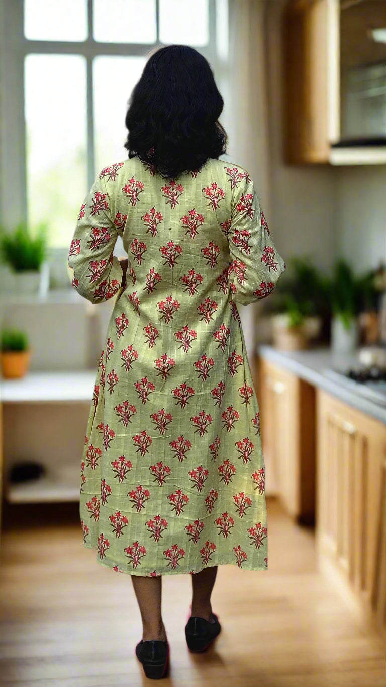 Yellow shaded floral printed cotton lining kurti with pleated yoke MBS-555 ***Ready to dispatch***