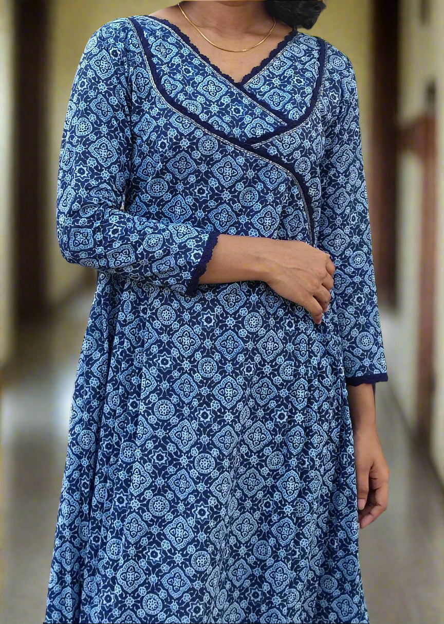 Indigo blue shaded cotton printed Aline kurti/dress with double overlapped handworked neck MBS-569 ***ready to dispatch***