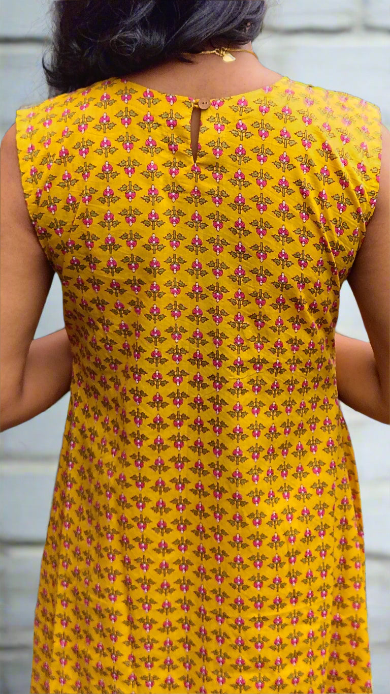 Yellow shaded floral printed cotton A-line dress/kurti with hacoba yoke MBS-600 ***Ready to dispatch***