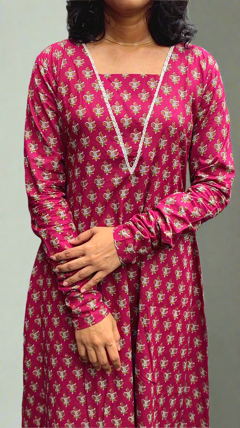 Burgundy shaded floral printed cotton A-line kurti with lace detailing MBS-601 ***Ready to dispatch***