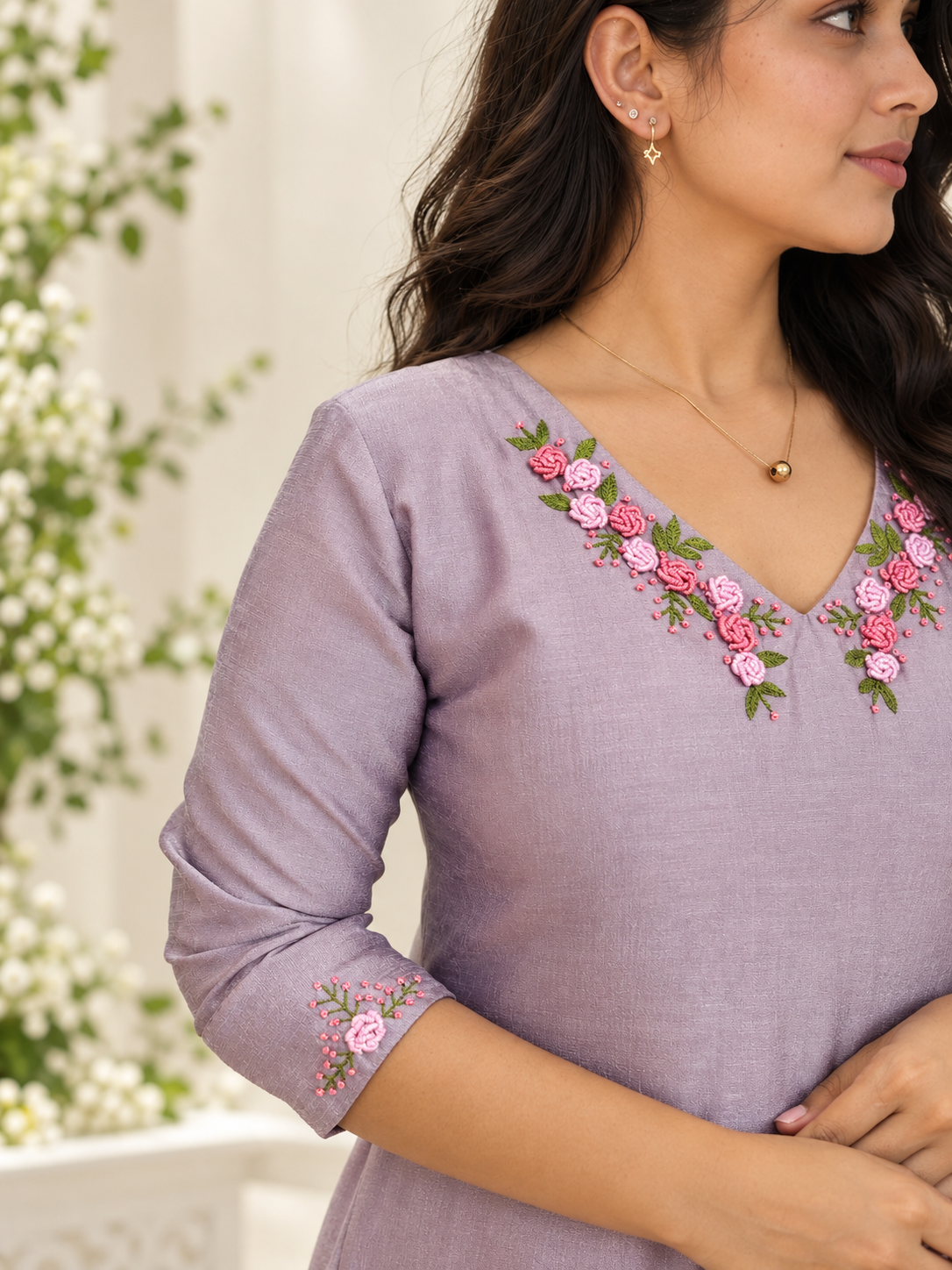 Light lilac Aline Kurti with thread embroidered neckline MBS-1469 **Ready to dispatch**