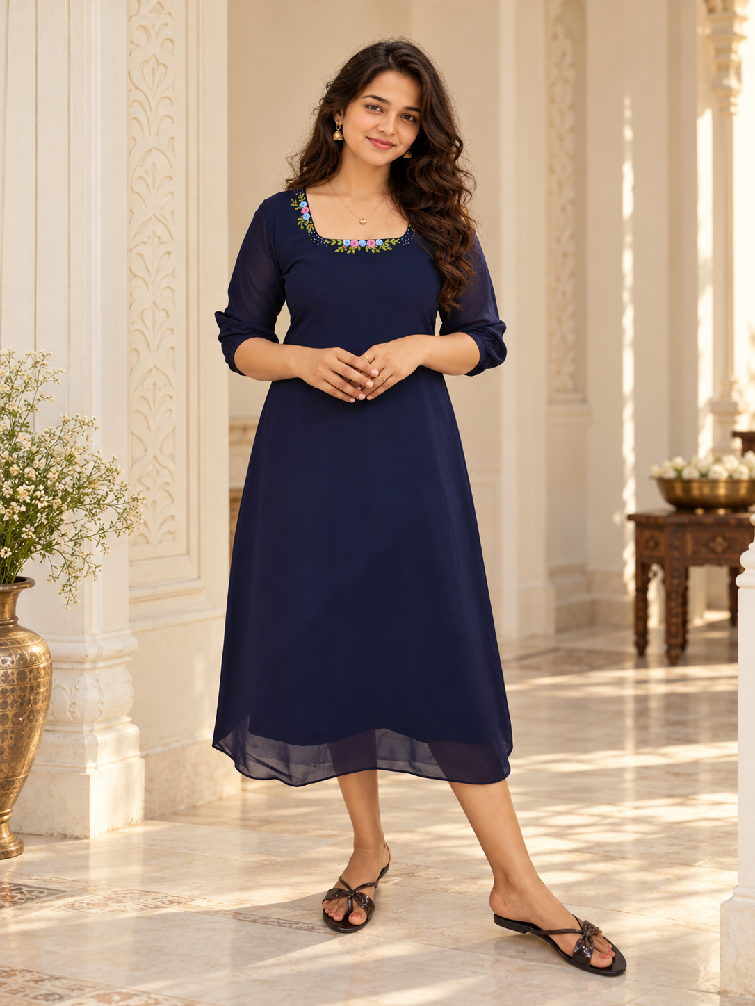 Navy blue georgette Aline kurti with threadworked neckline MBS-1444 **Ready to dispatch**