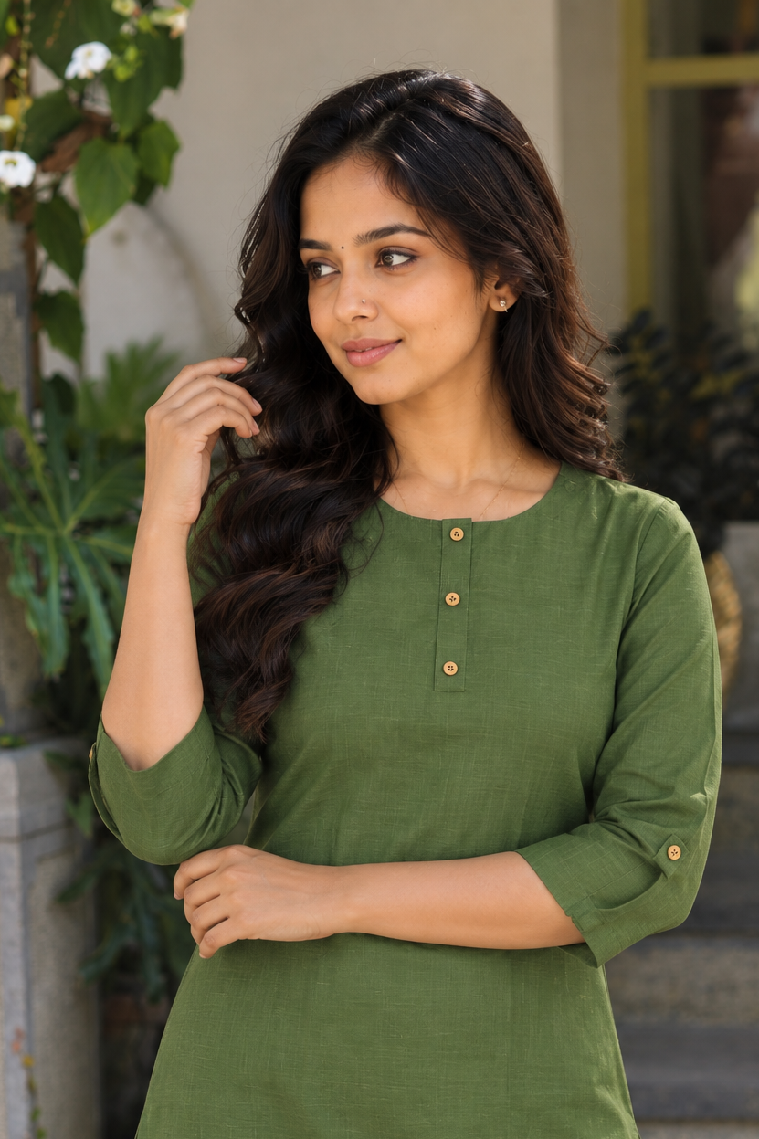 Olive green slub cotton Aline Kurti MBS-1415 **Ready to dispatch**