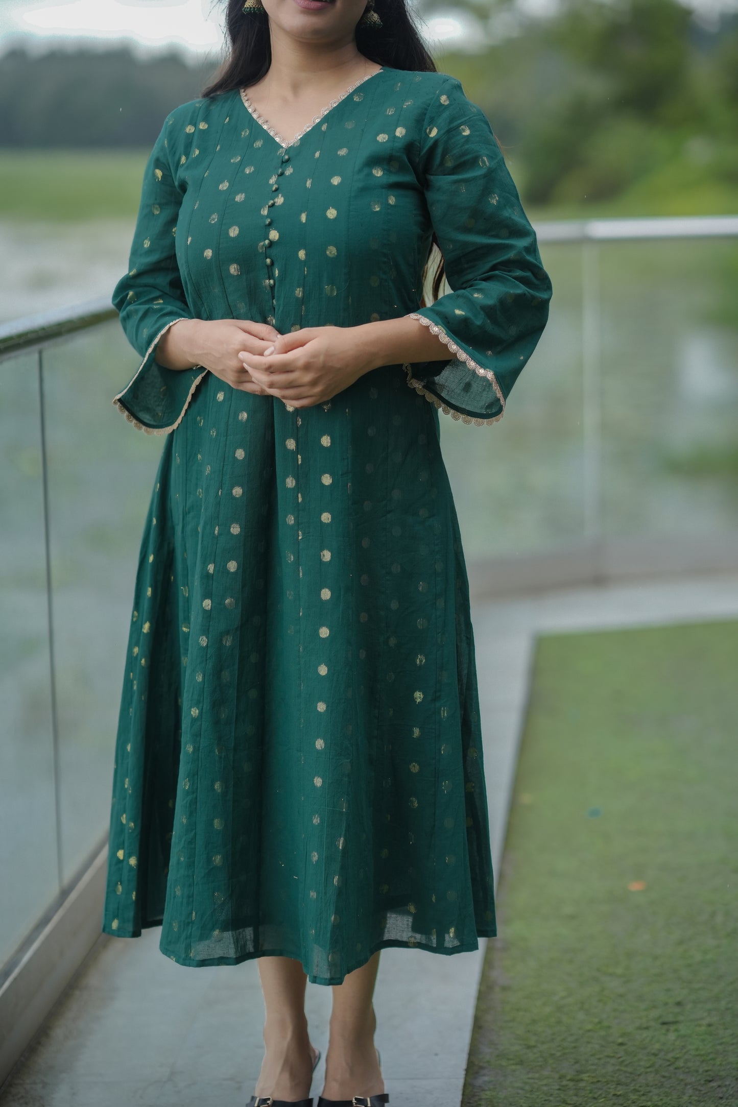 Bottle green shaded Kora cotton panel cut Aline kurti/dress with all over golden buttas MBS-616