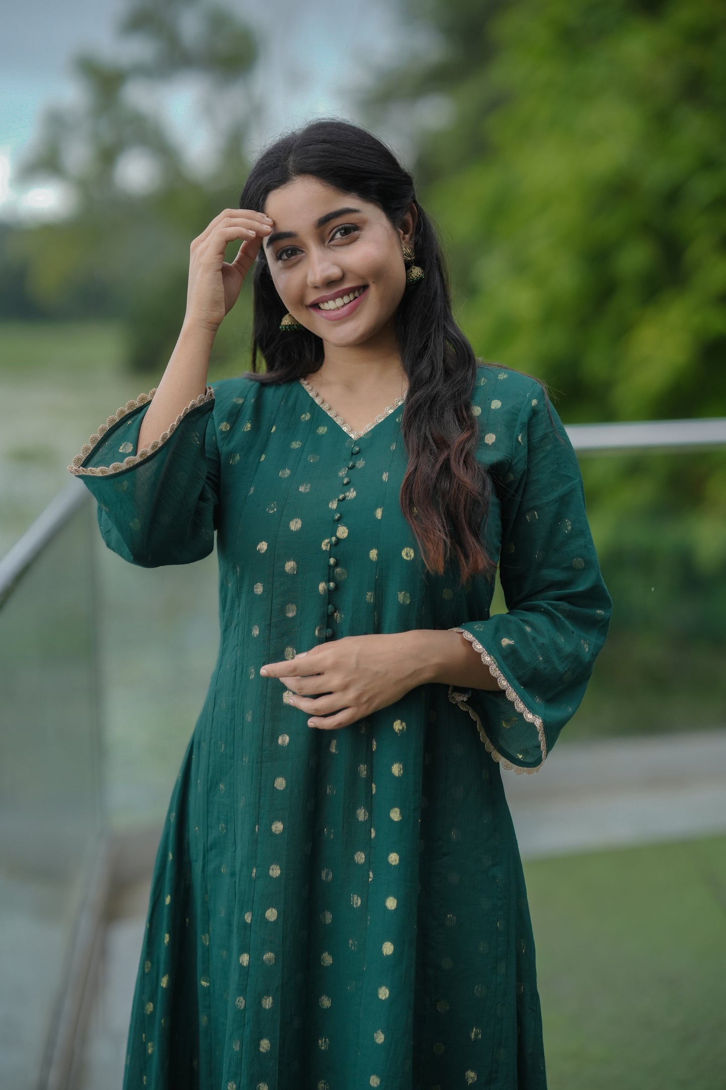 Bottle green shaded Kora cotton panel cut Aline kurti/dress with all over golden buttas MBS-616