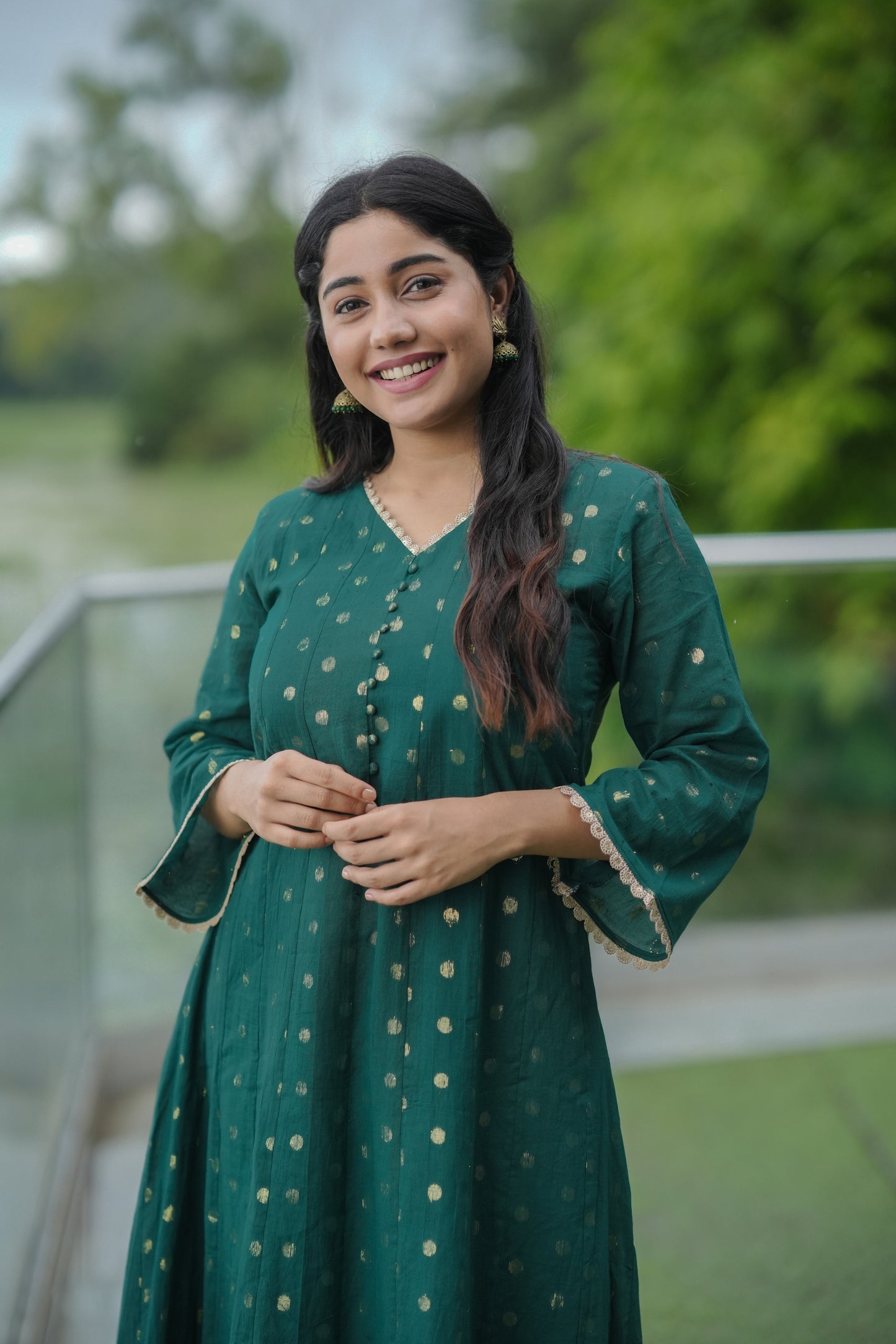 Bottle green shaded Kora cotton panel cut Aline kurti/dress with all over golden buttas MBS-616