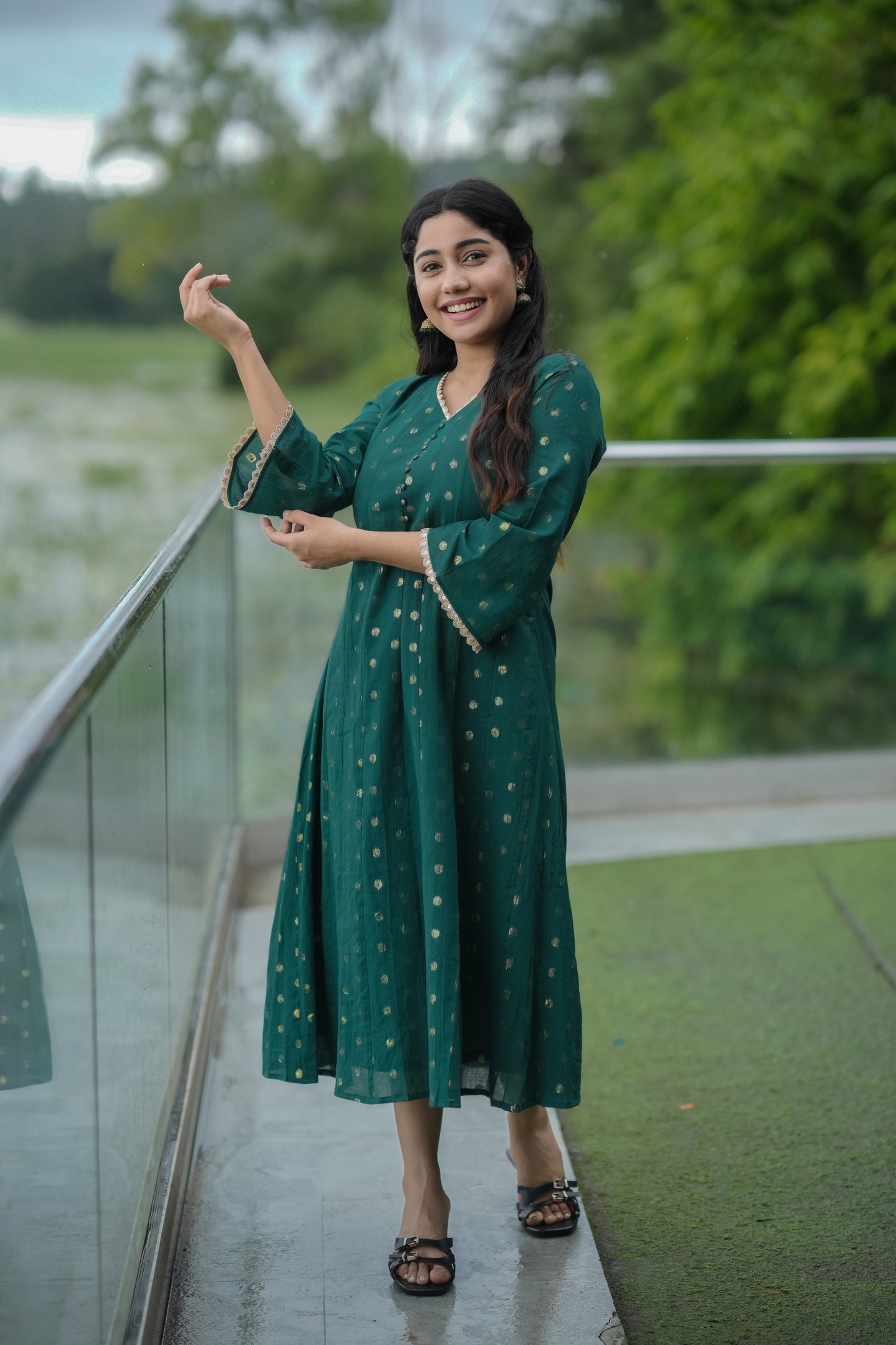 Bottle green shaded Kora cotton panel cut Aline kurti/dress with all over golden buttas MBS-616