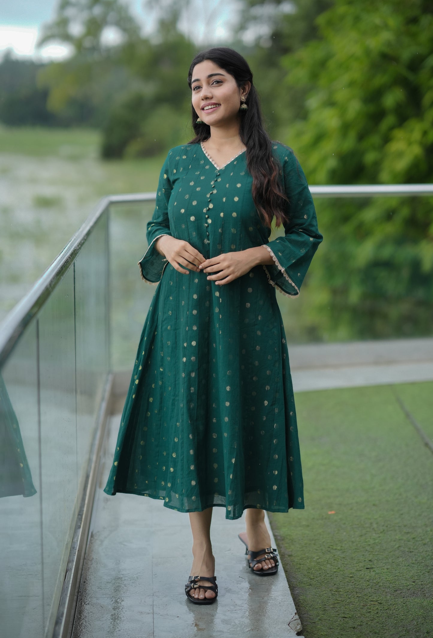Bottle green shaded Kora cotton panel cut Aline kurti/dress with all over golden buttas MBS-616