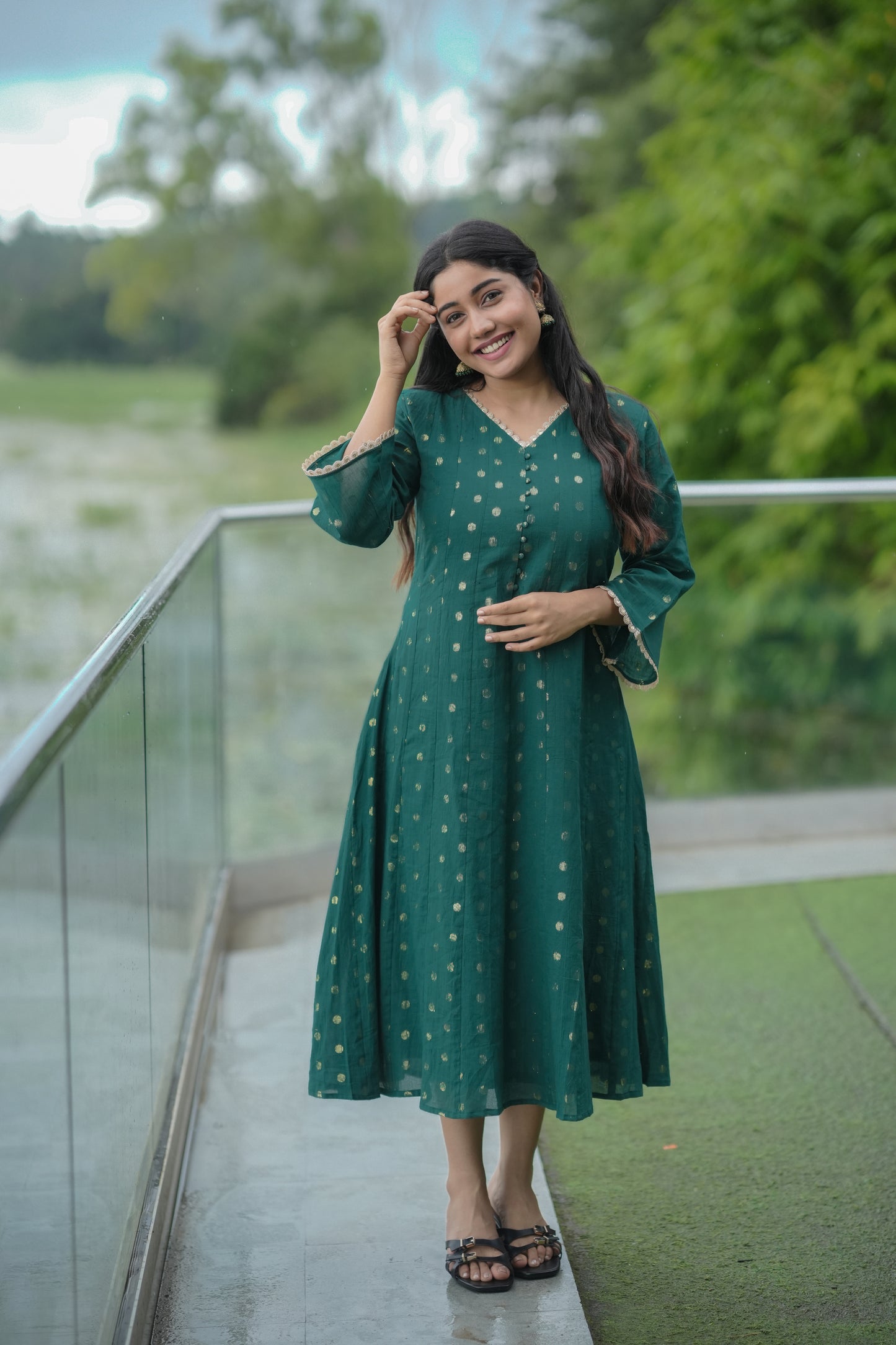 Bottle green shaded Kora cotton panel cut Aline kurti/dress with all over golden buttas MBS-616