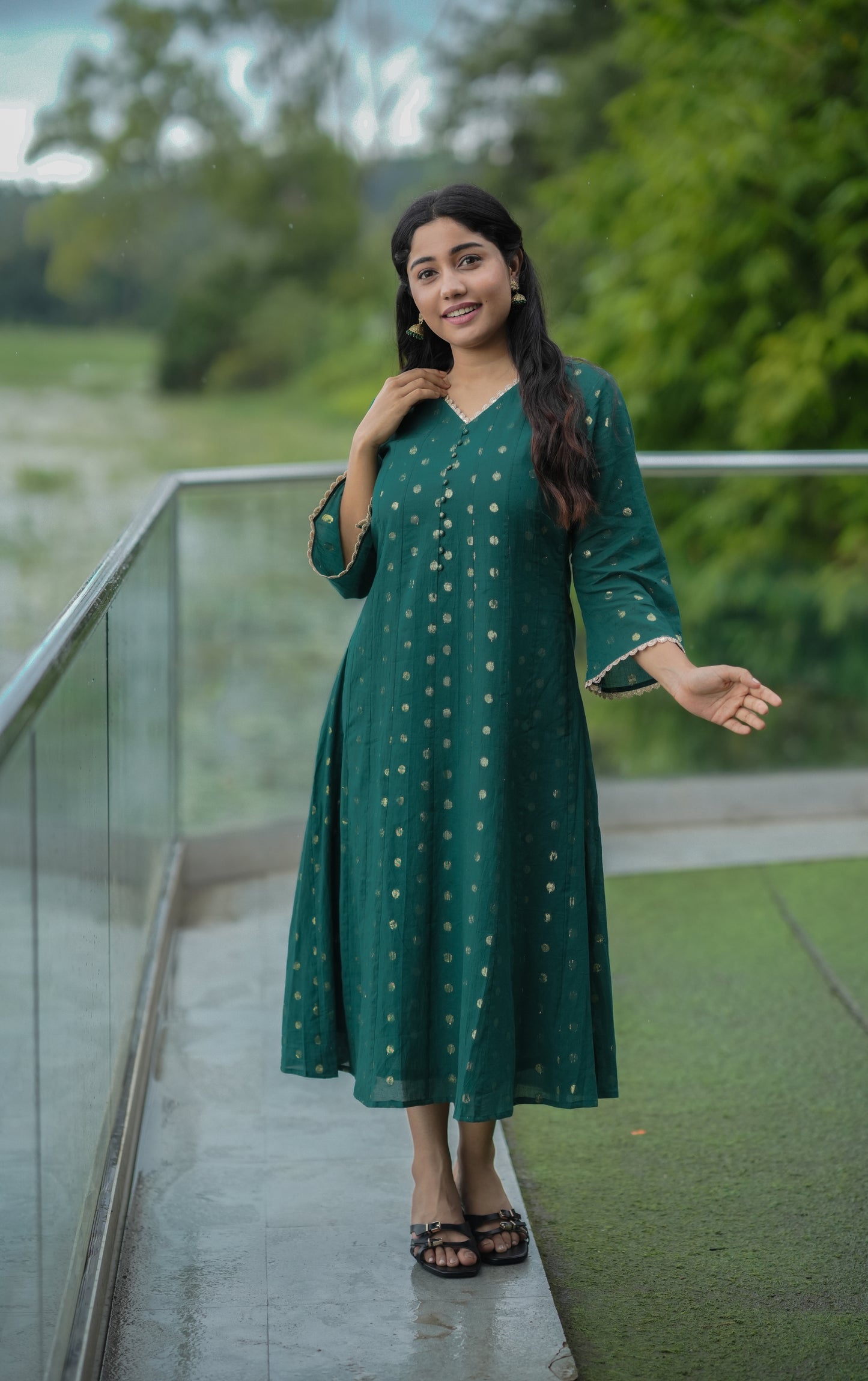 Bottle green shaded Kora cotton panel cut Aline kurti/dress with all over golden buttas MBS-616