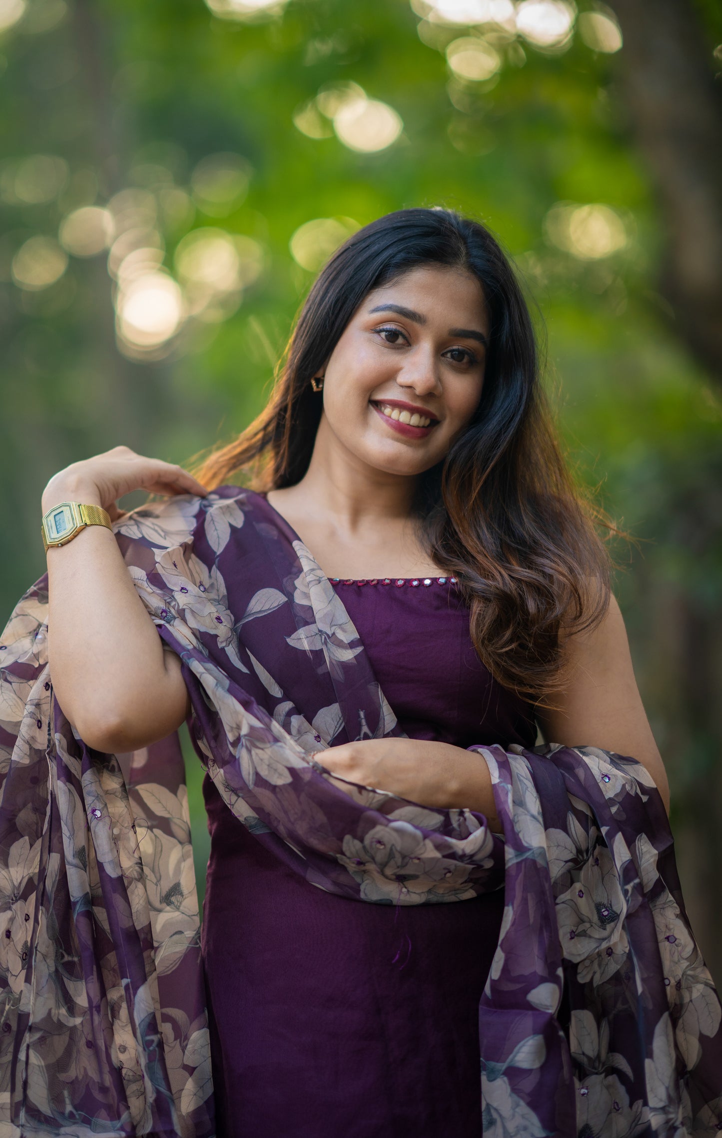 Burgundy shaded organza kurti with mirror worked neckline and printed organza dupatta MBS-300