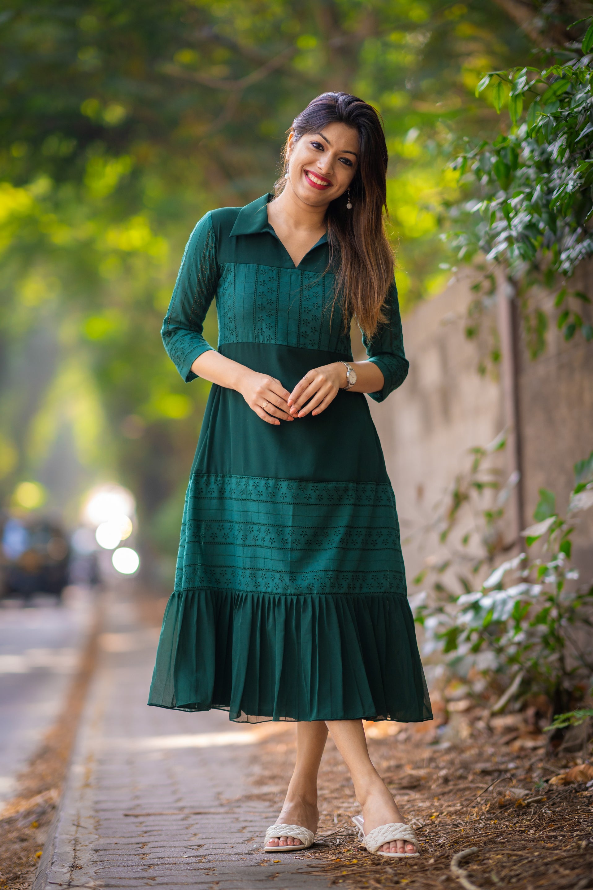 Tiered dress/kurti with georgette and hacoba in bottle green shade MBS MyBudgetStore.in Tiered dress/kurti with georgette and hacoba in bottle green shade MBS MyBudgetStore.in