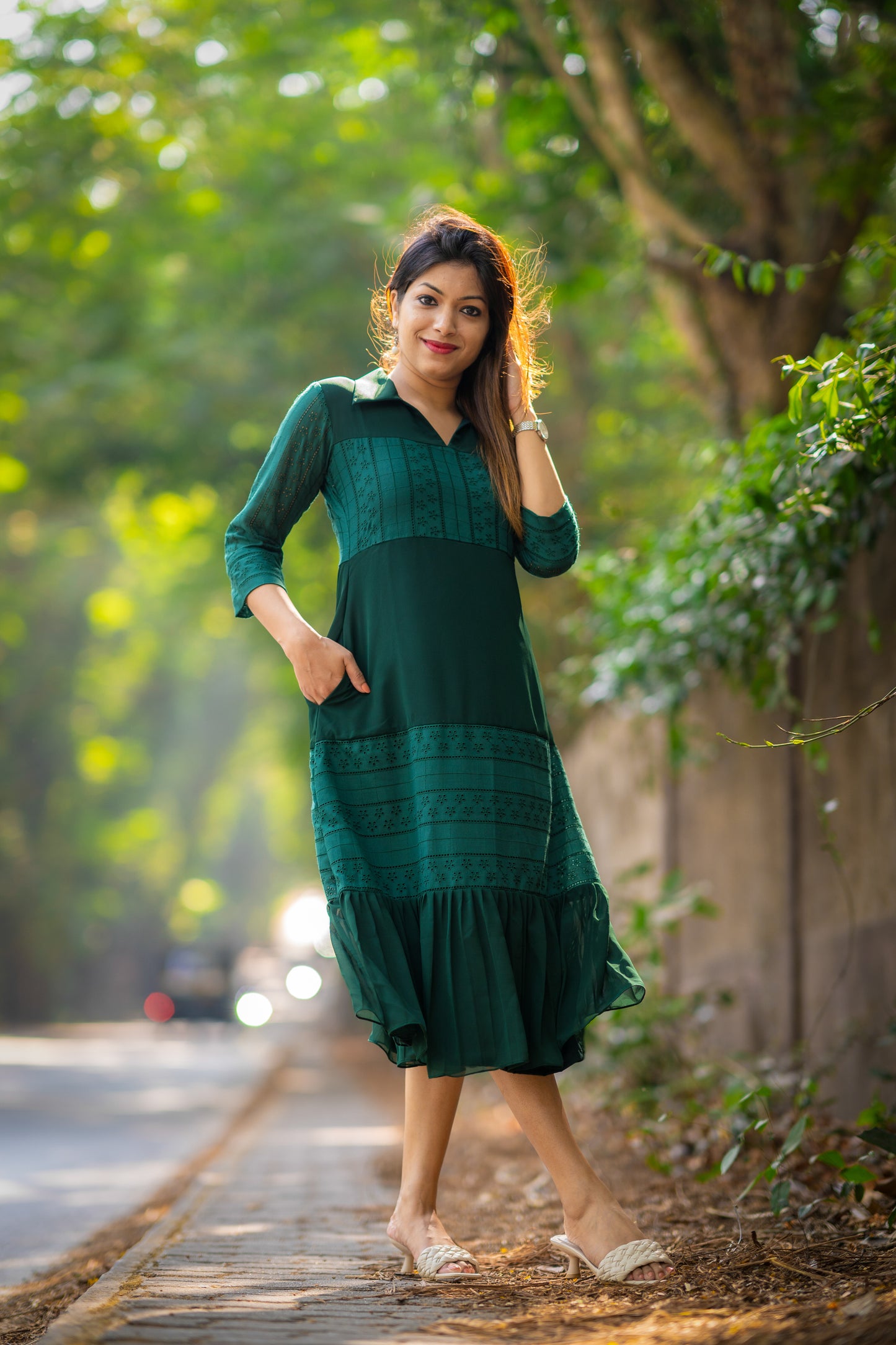 Tiered dress/kurti with georgette and hacoba in bottle green shade MBS-304