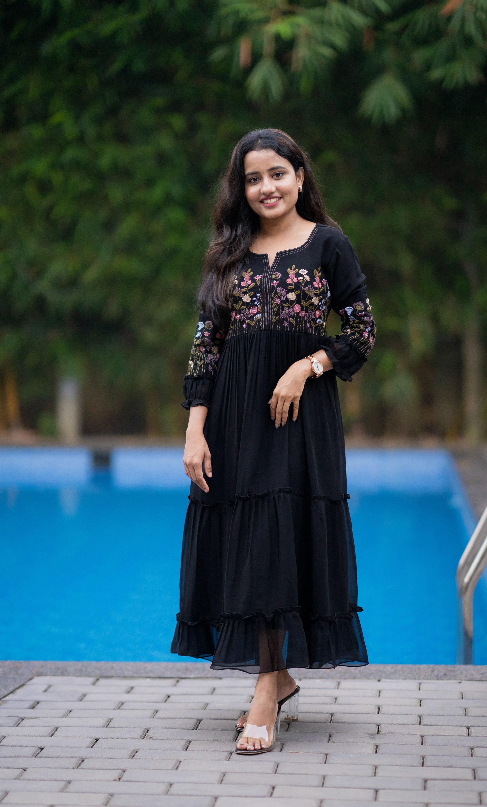 Black georgette kurti/dress with multi colour thread worked yoke and sleeves MBS-498 LARGE Black georgette kurti/dress with multi colour thread worked yoke and sleeves MBS-498 LARGE