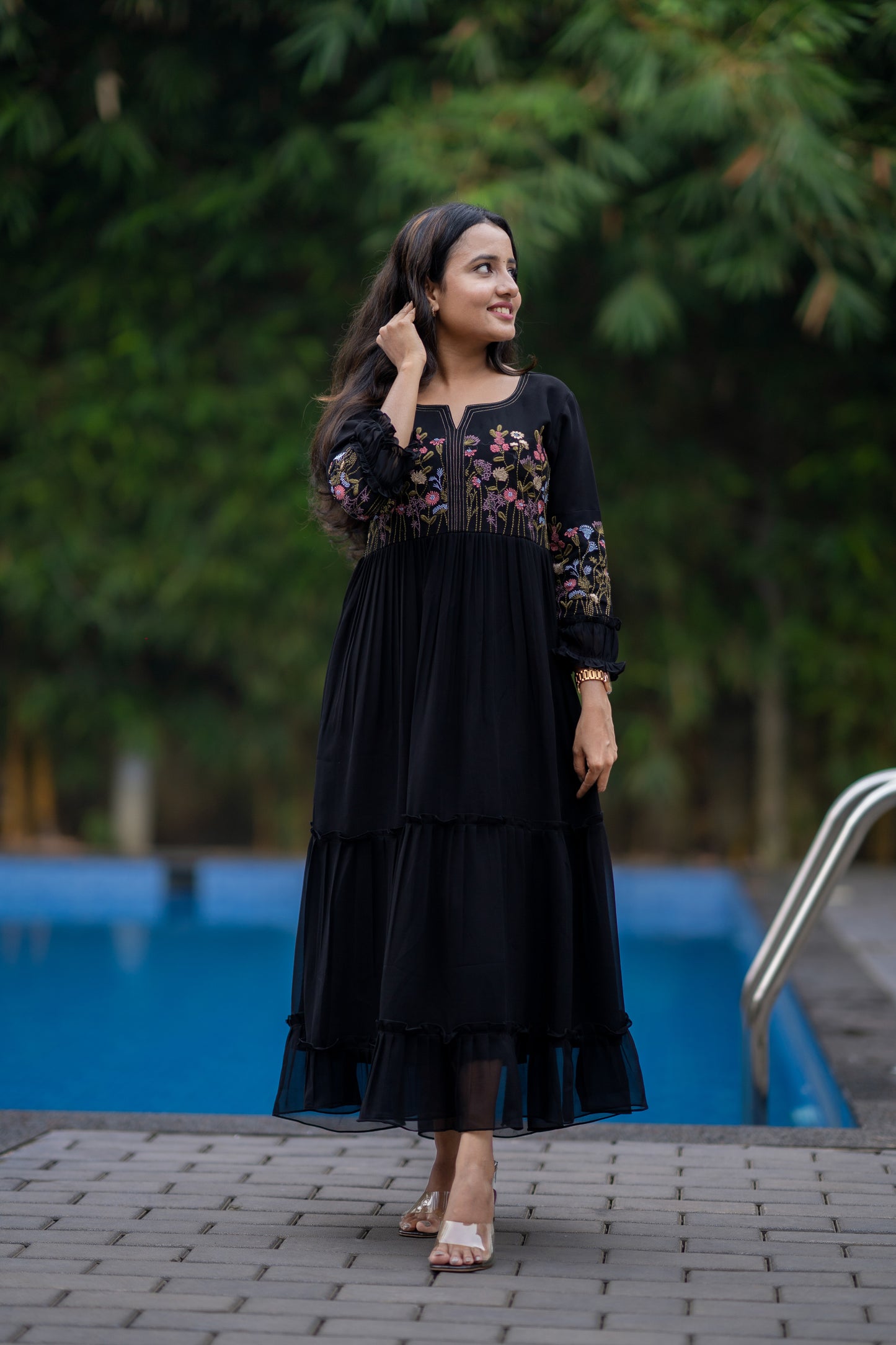 Black georgette kurti/dress with multi colour thread worked yoke and sleeves MBS-498