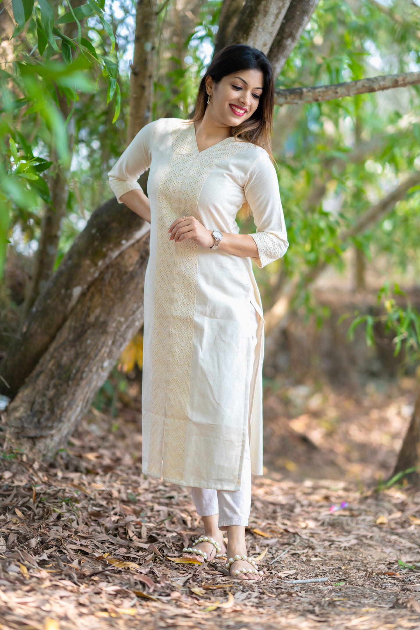 Off white cotton flex kurti with hacoba detailing MBS-310