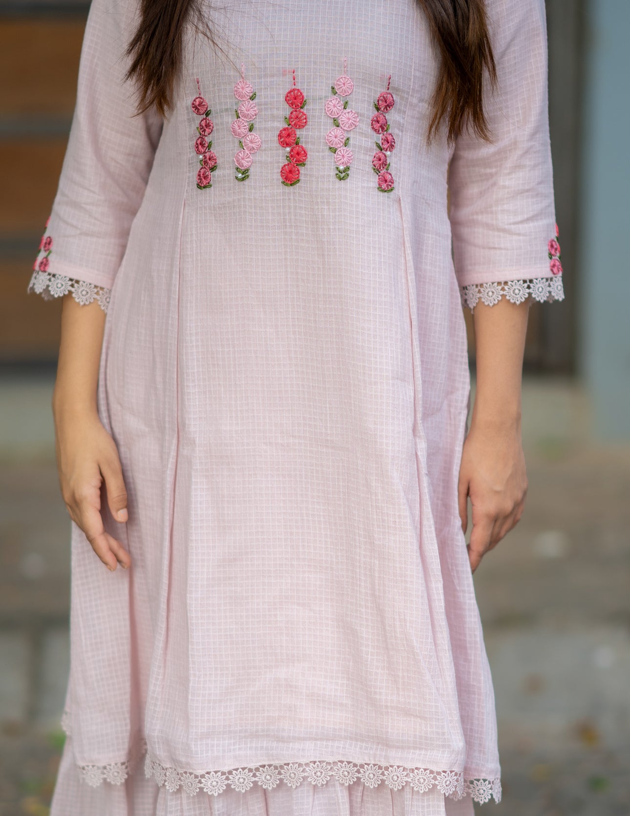 Pastel pink shaded soft kota checks kurti/dress with floral thread worked yoke MBS-532